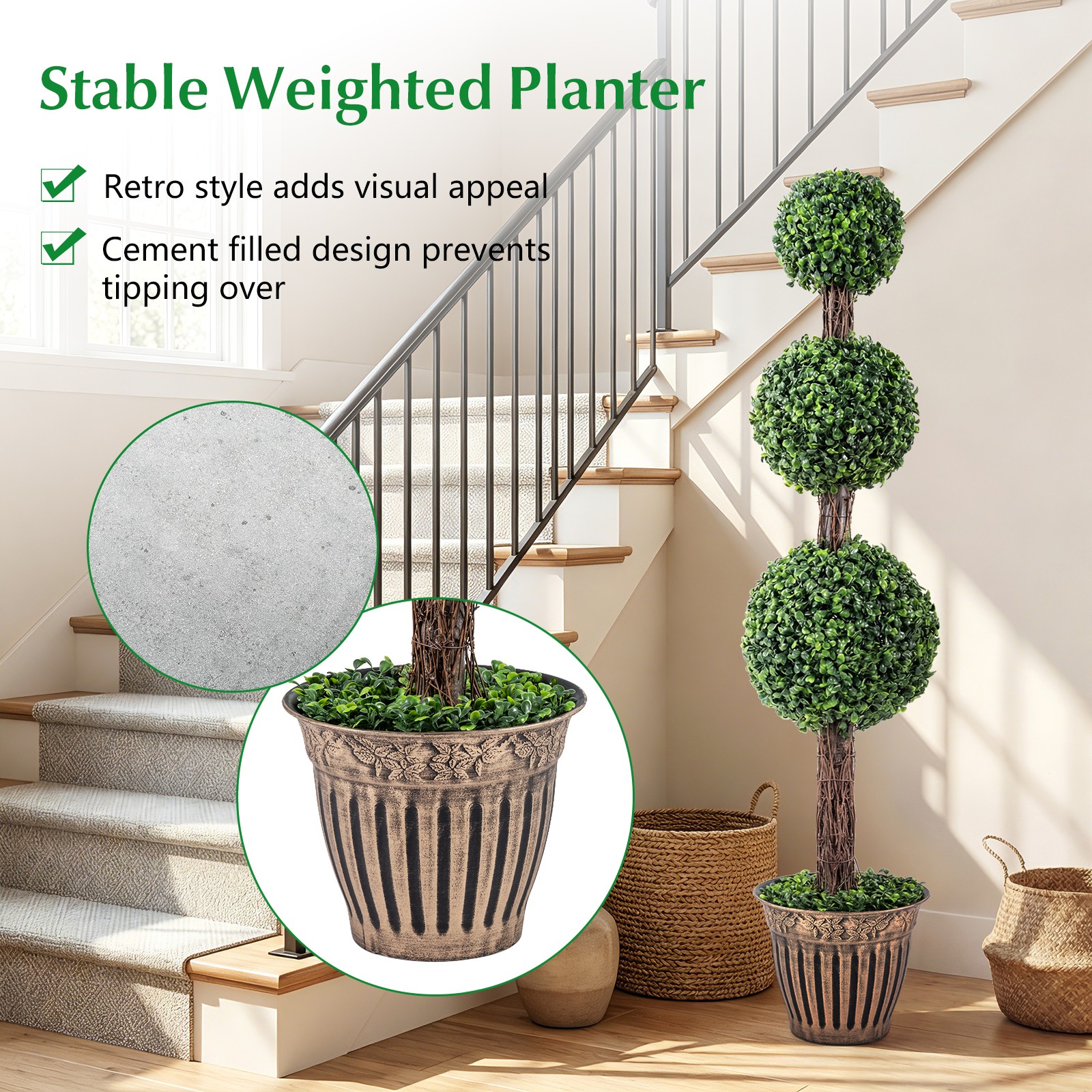 2PCS Artificial Triple Ball Boxwood Tree, Fake Topiary Tree w/ Retro Planter