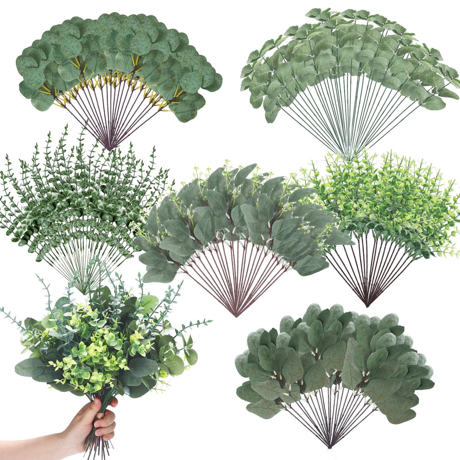90 Pcs 6 Kinds Mixed Greenery Stem Artificial Faux Eucalyptus Leaves Silver D…