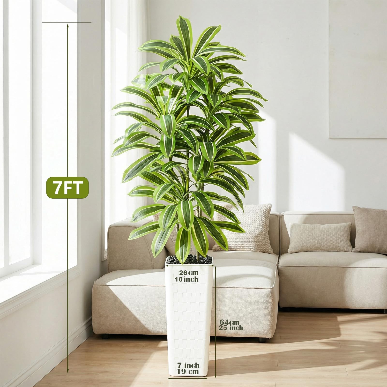 Artificial Yellow Dracaena Tree Indoor, 7FT Tall Fake Floor Plants with White…