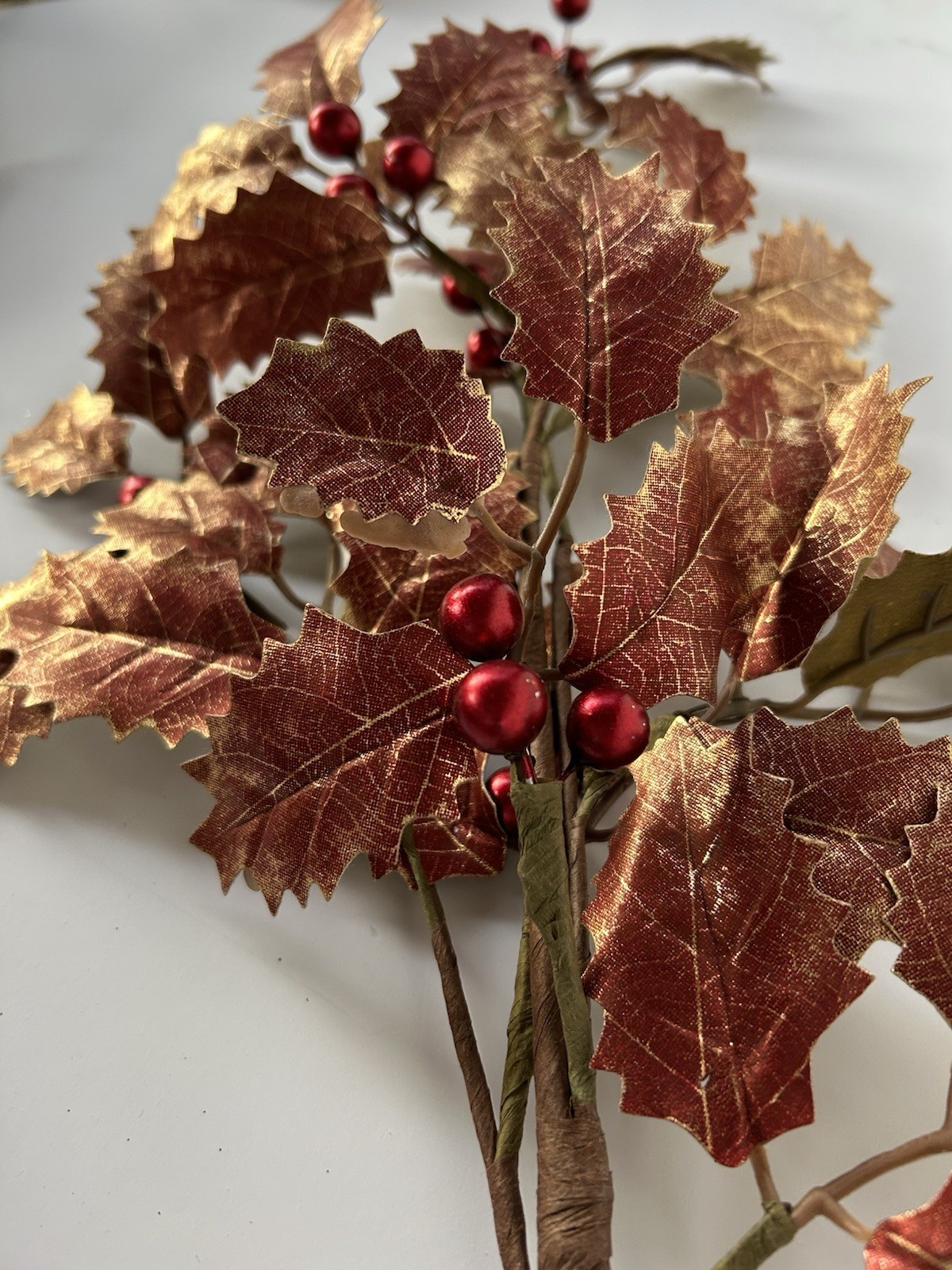 Copper Red Holly Spray 25″L Metallic Leaves Berries Stem Artificial Christmas