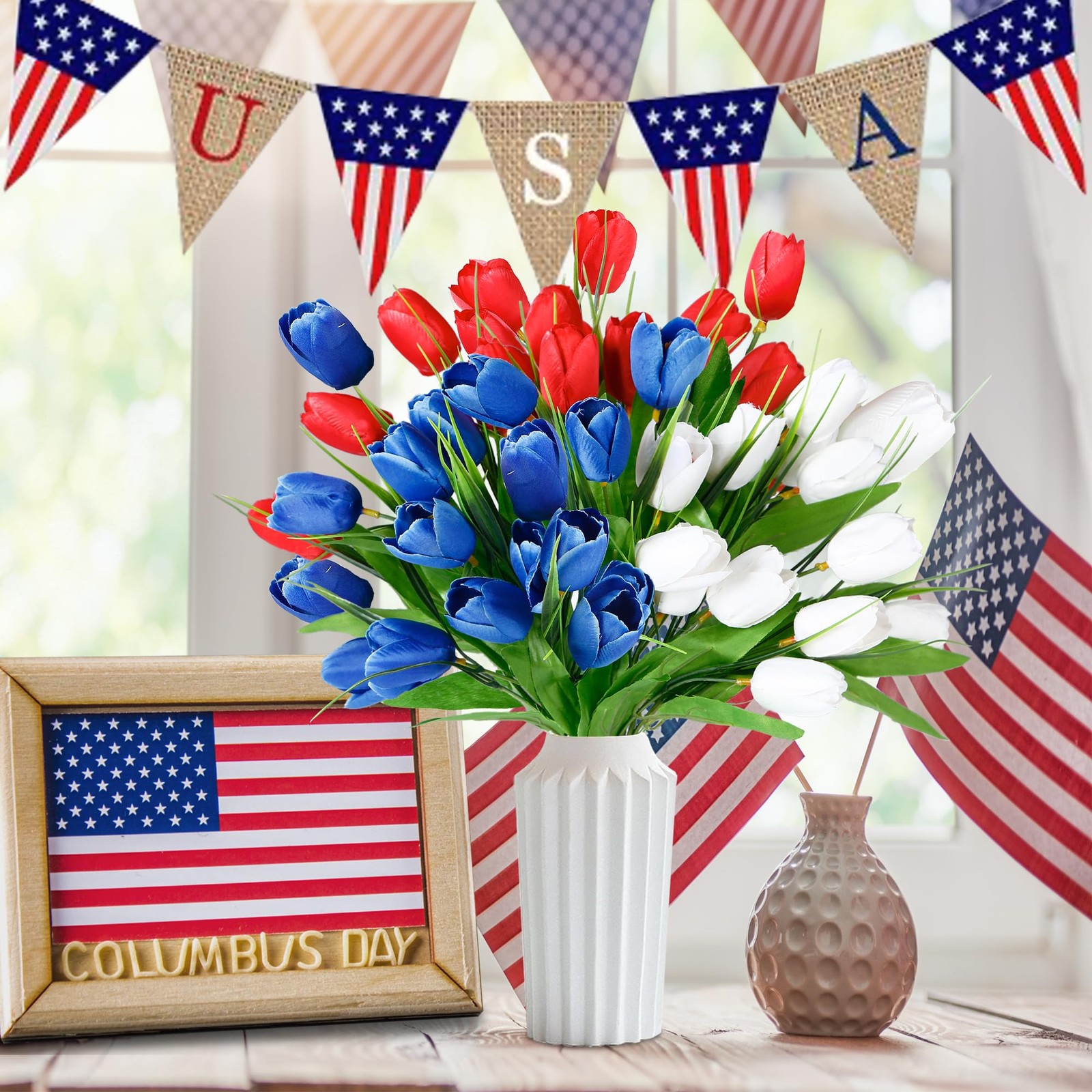 36 Pcs Patriotic Artificial Flowers Memorial Tulips Bouquet Fake Red White an…