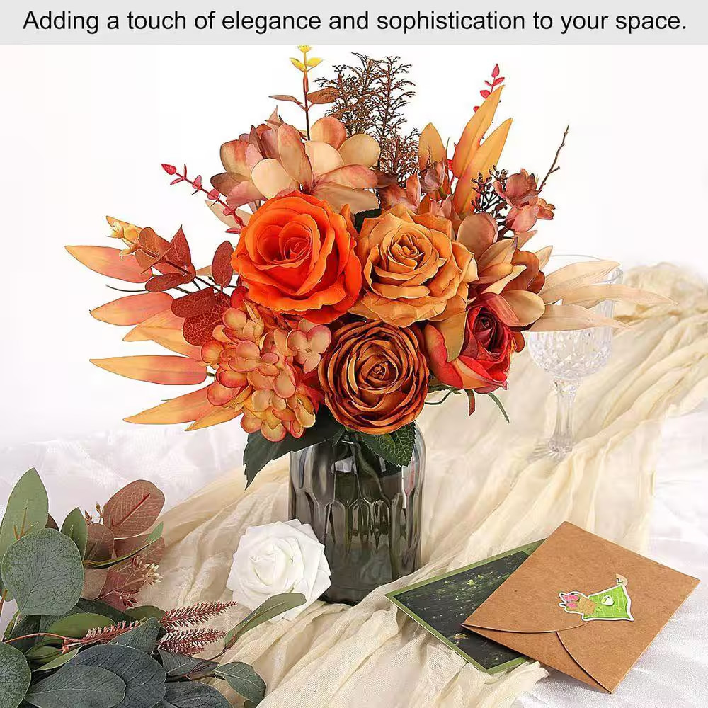 13 In. Orange Indoor Rose Hydrangea Floral Arrangement in Clear Glass Vase, Fall