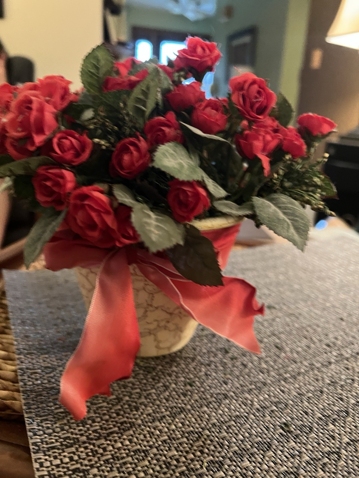 Red Rose Floral Arrangement in Crackle Pot Faux Silk Flowers Valentine Decor