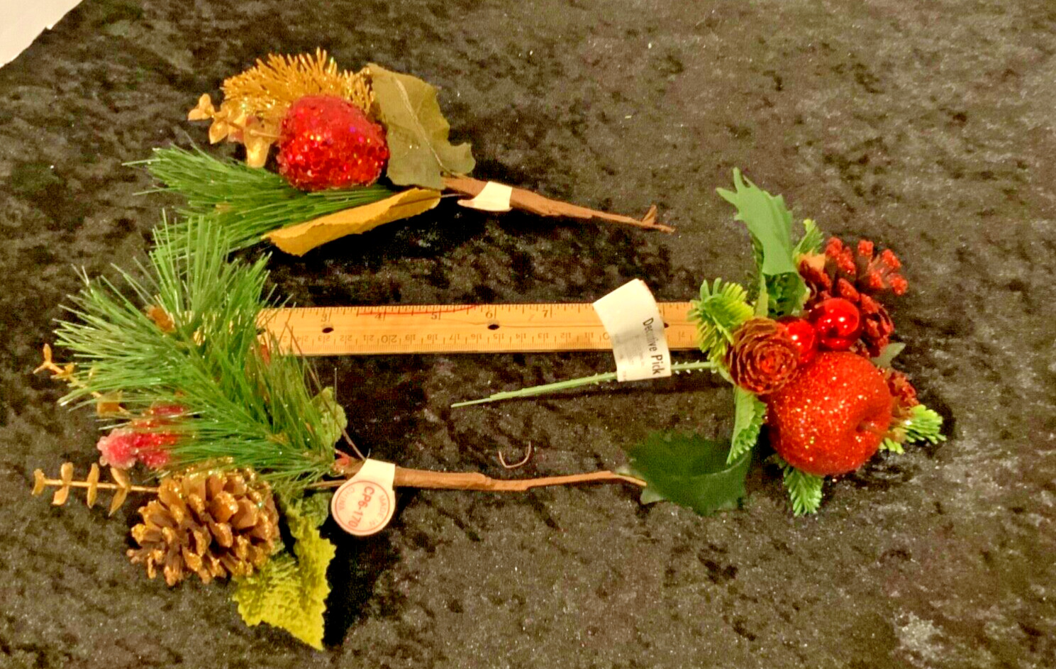 Lot of 3 VINTAGE Floral Pine Cone & Beaded & Fruit Basket Pick Decorations