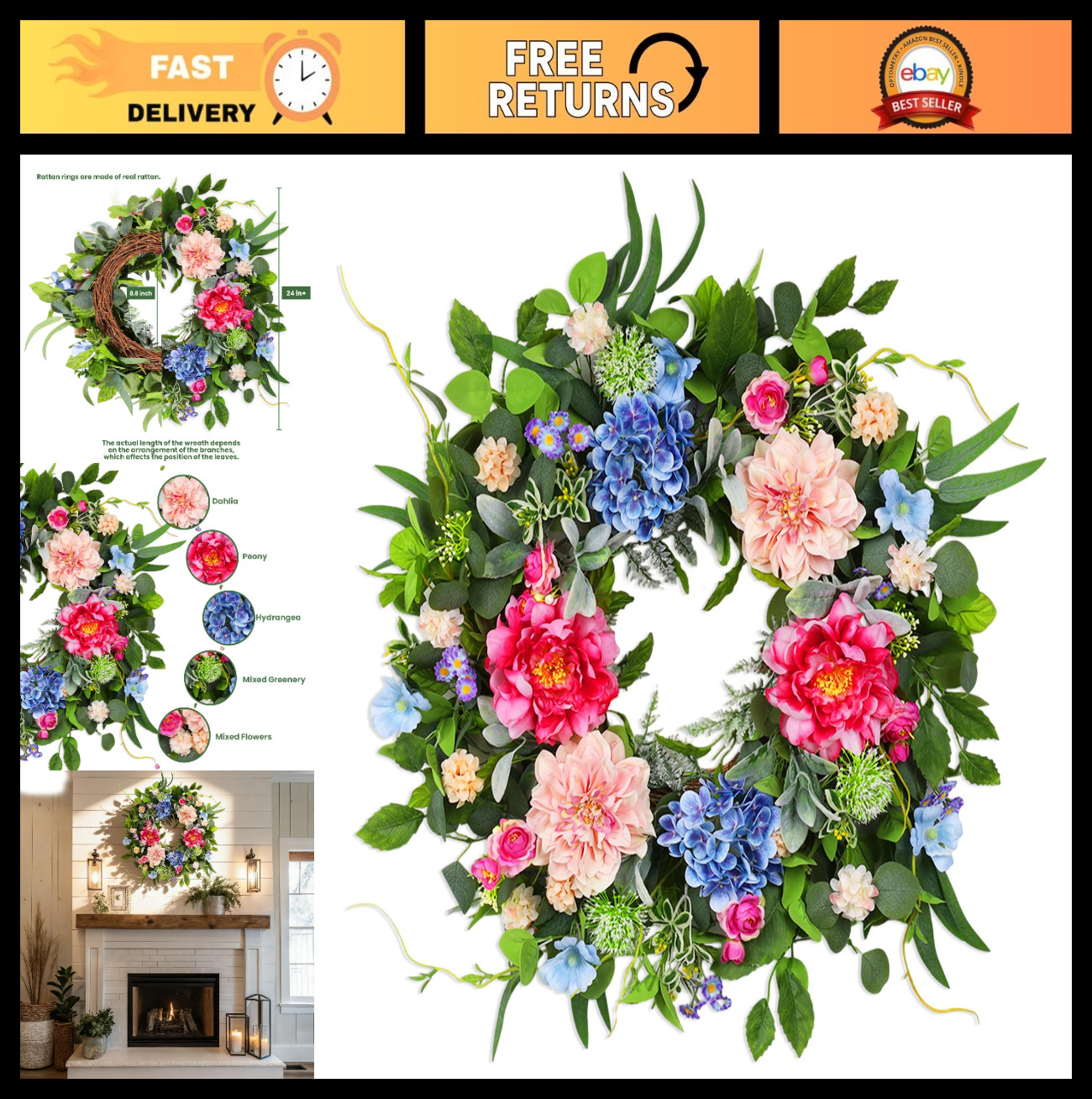 24″ Floral Spring Wreath – Artificial Daisy, Peony & Eucalyptus for Door Decor