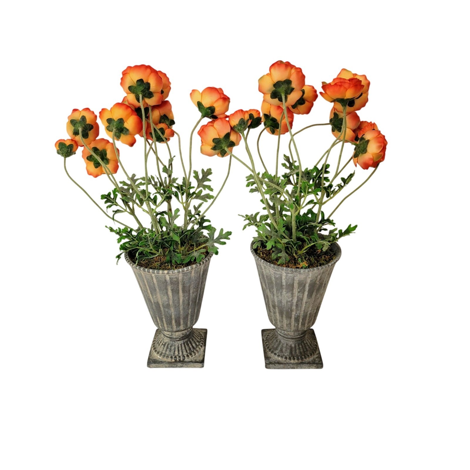 Pair Of Artificial Ranunculus Flowers In Aged Metal Look Ceramic Urn Planters Vi