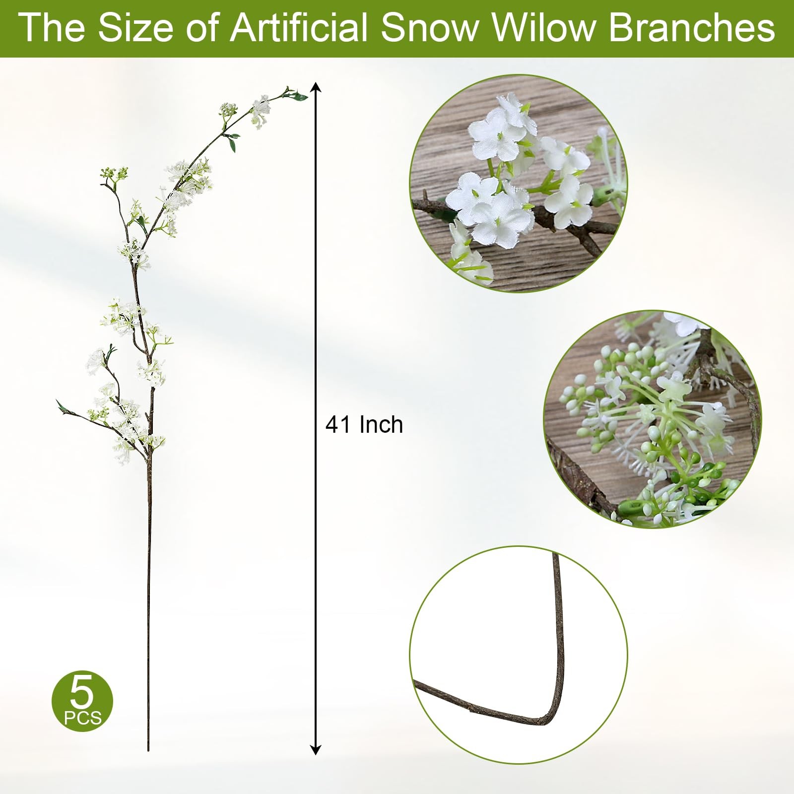 5 PCS Artificial Flowers Branches – 41 Inches Faux Snow Willow with Long Stem…