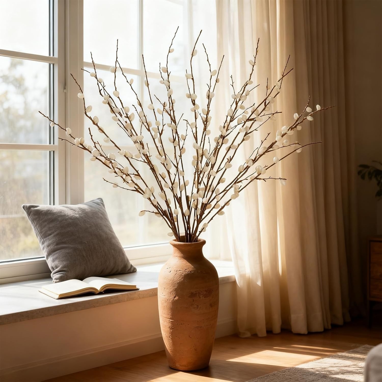 6pcs 31.4inch Artificial Pussy Willow Branches Faux Silk Stems Vase Floral Decor