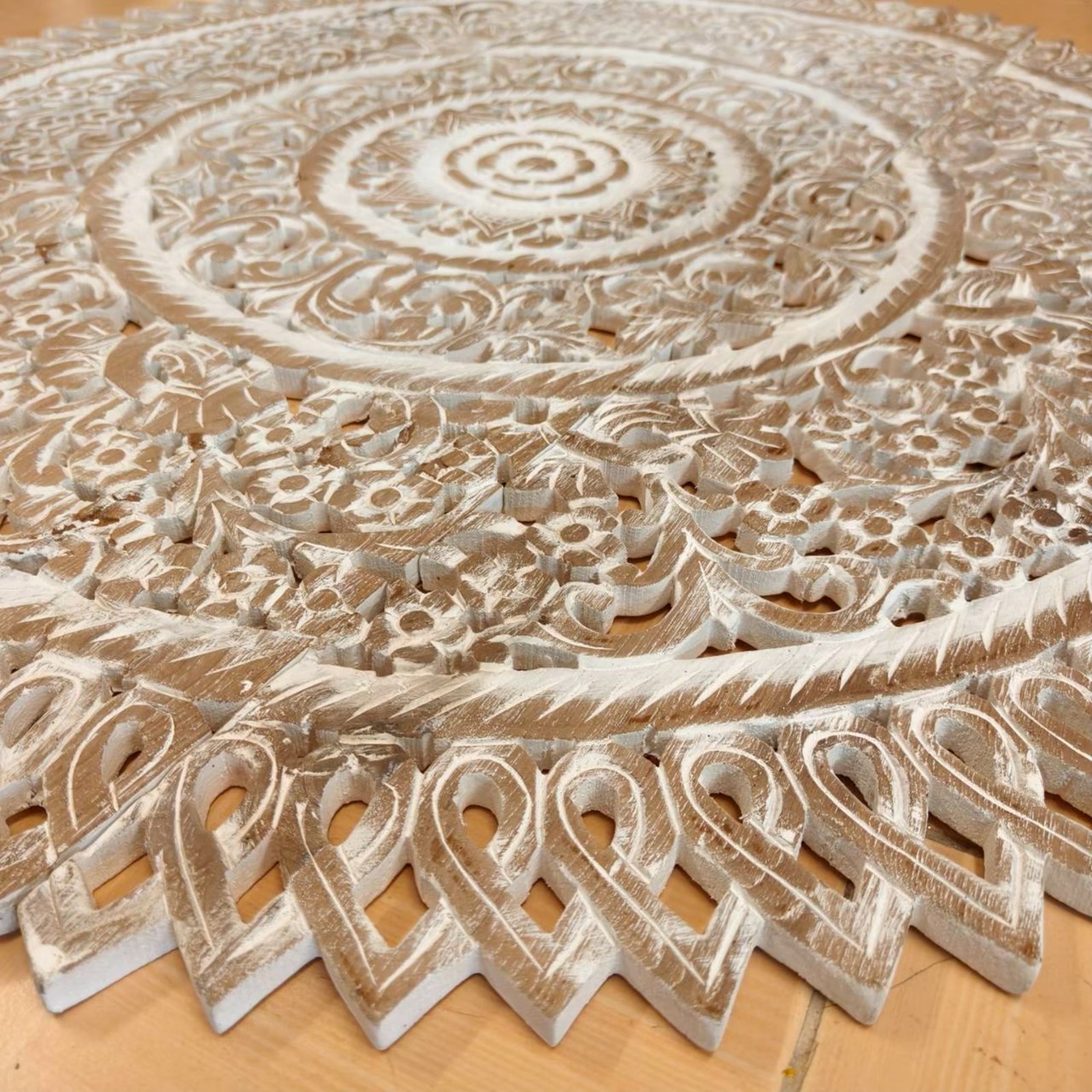 36″ Large Round White Mandala Wood Carving Wedding Decor Nursery Coastal Living