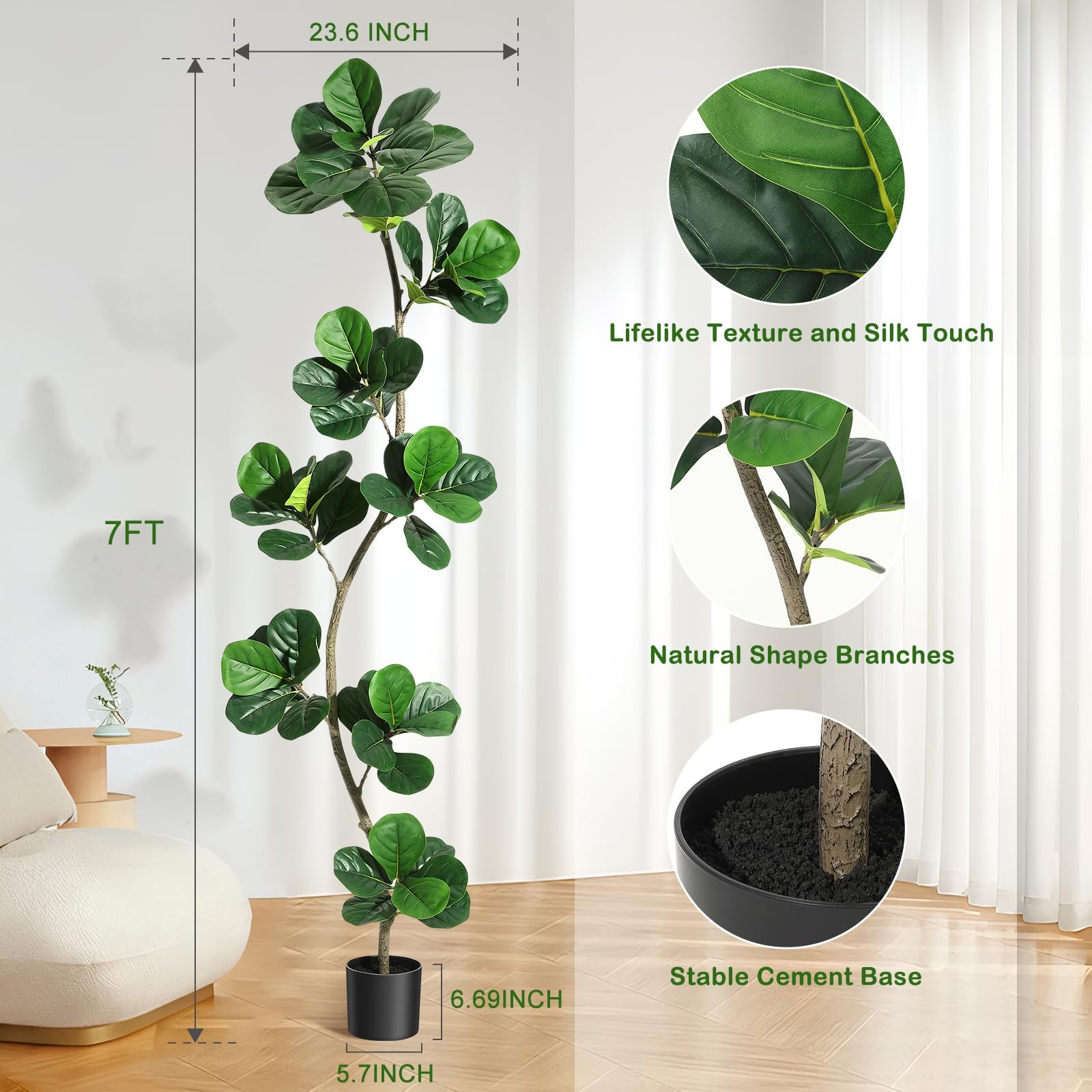 5/6/7FT Artificial Fiddle Leaf Fig Tree in Black Pot ,Tall Fake Plant Home Decor