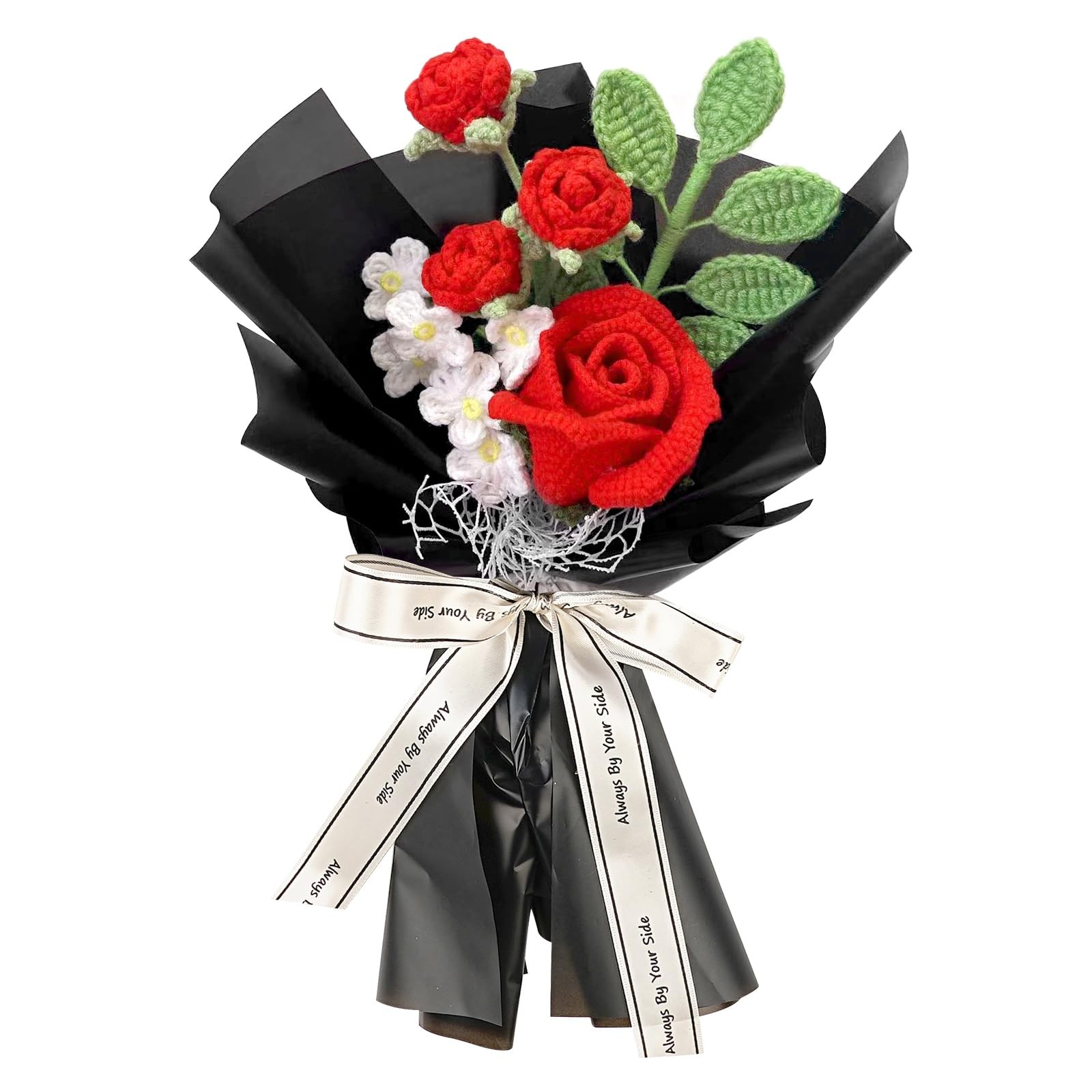 Red Crochet Rose Bouquet Hand Knitted with Blacking Packing Woven Flower