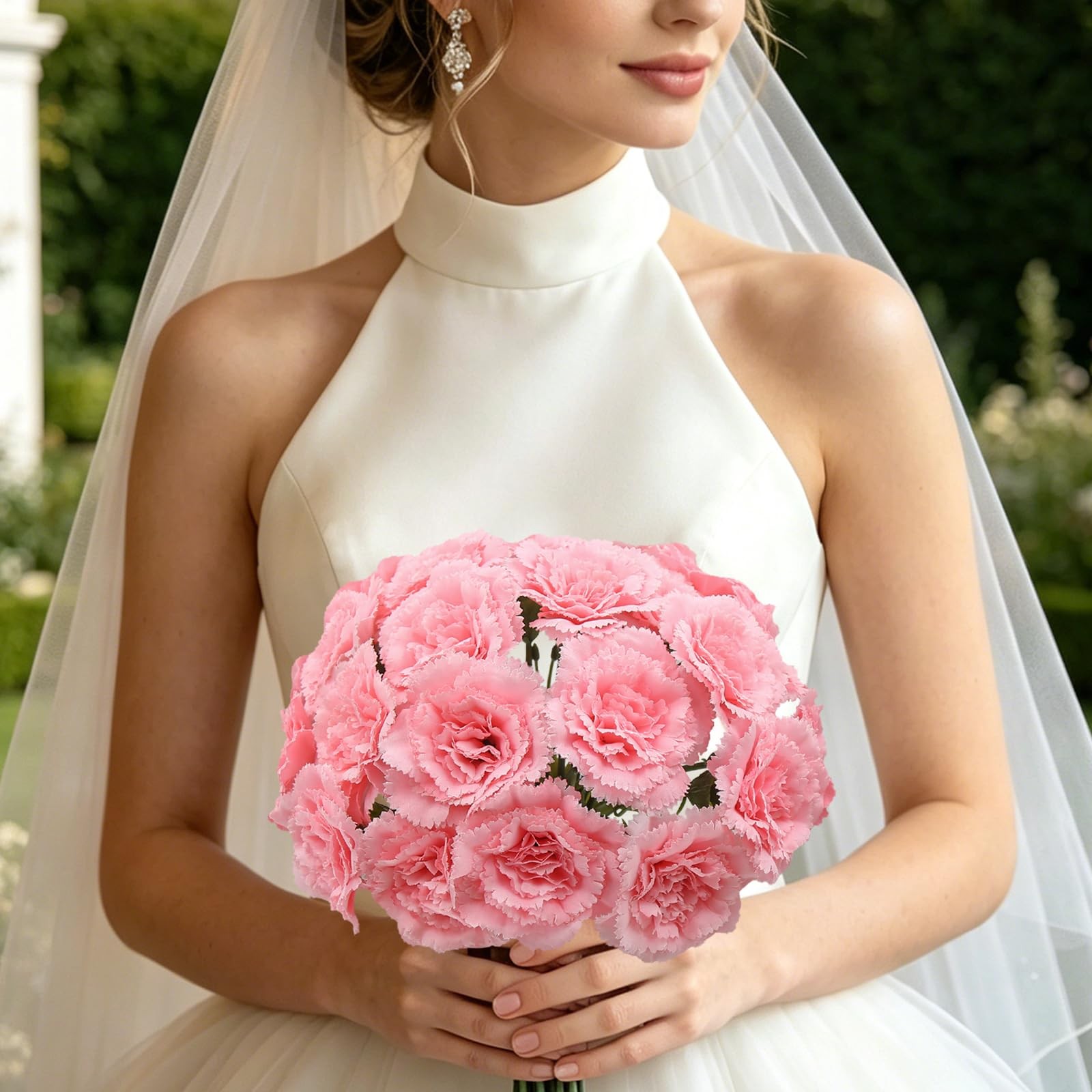 24 Pcs Pink Carnations Artificial Flowers with Stems, 11.4 Inches Faux Silk C…