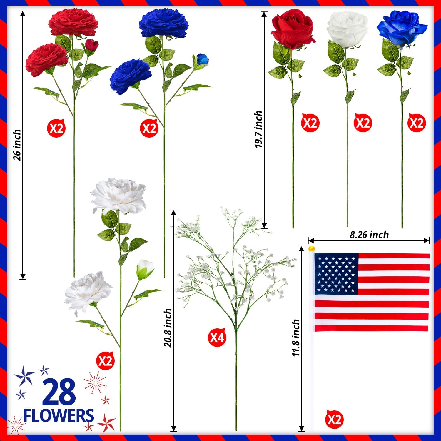 28 Pcs Red White and Blue Flowers, Patriotic Memorial Bouquet Atificial Flowe…