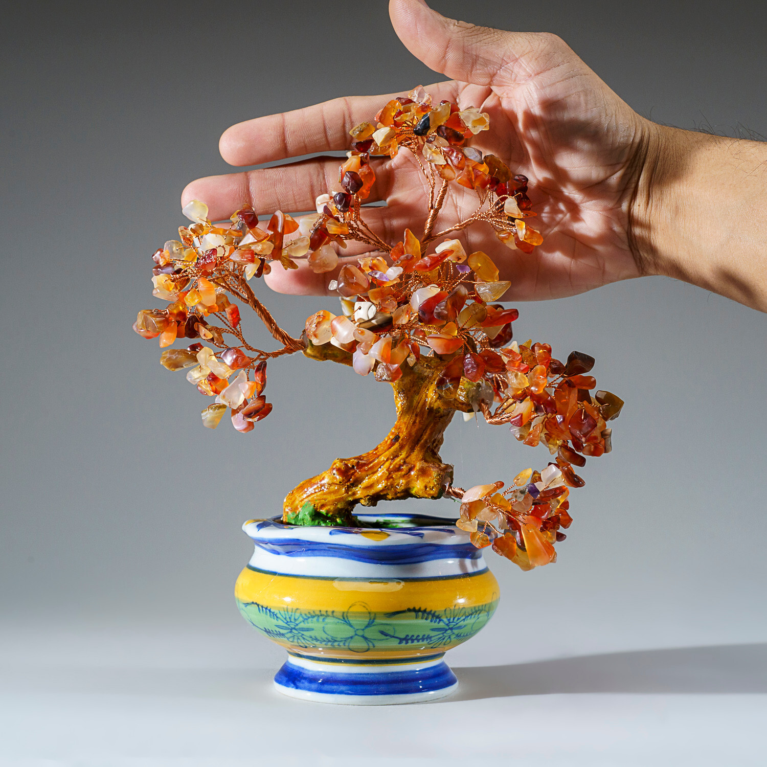 Genuine Carnelian Bonsai Tree in Round Ceramic Pot (8.5”)