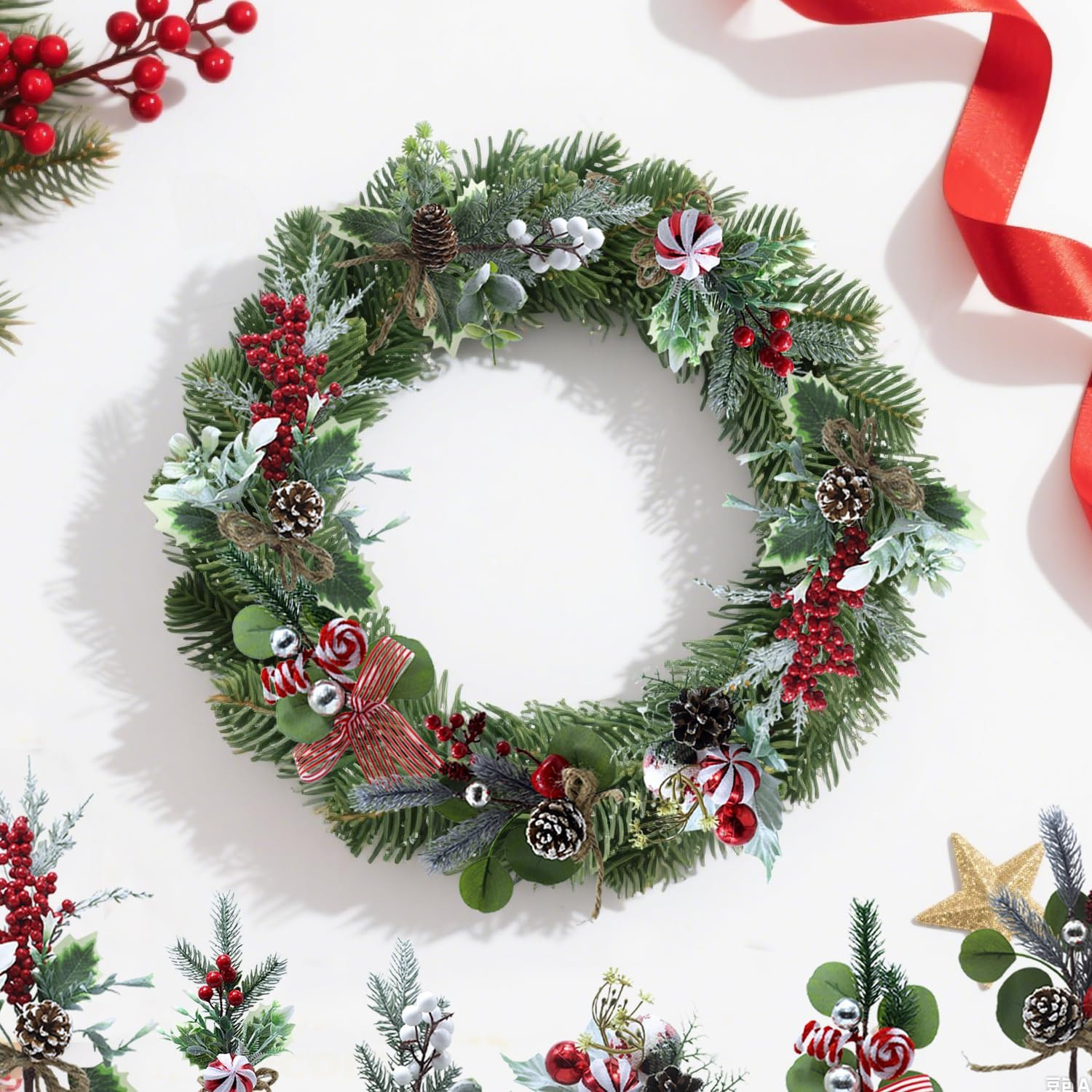 Christmas Floral Picks and Sprays, 6Pcs Artificial Christmas Flowers with Holly
