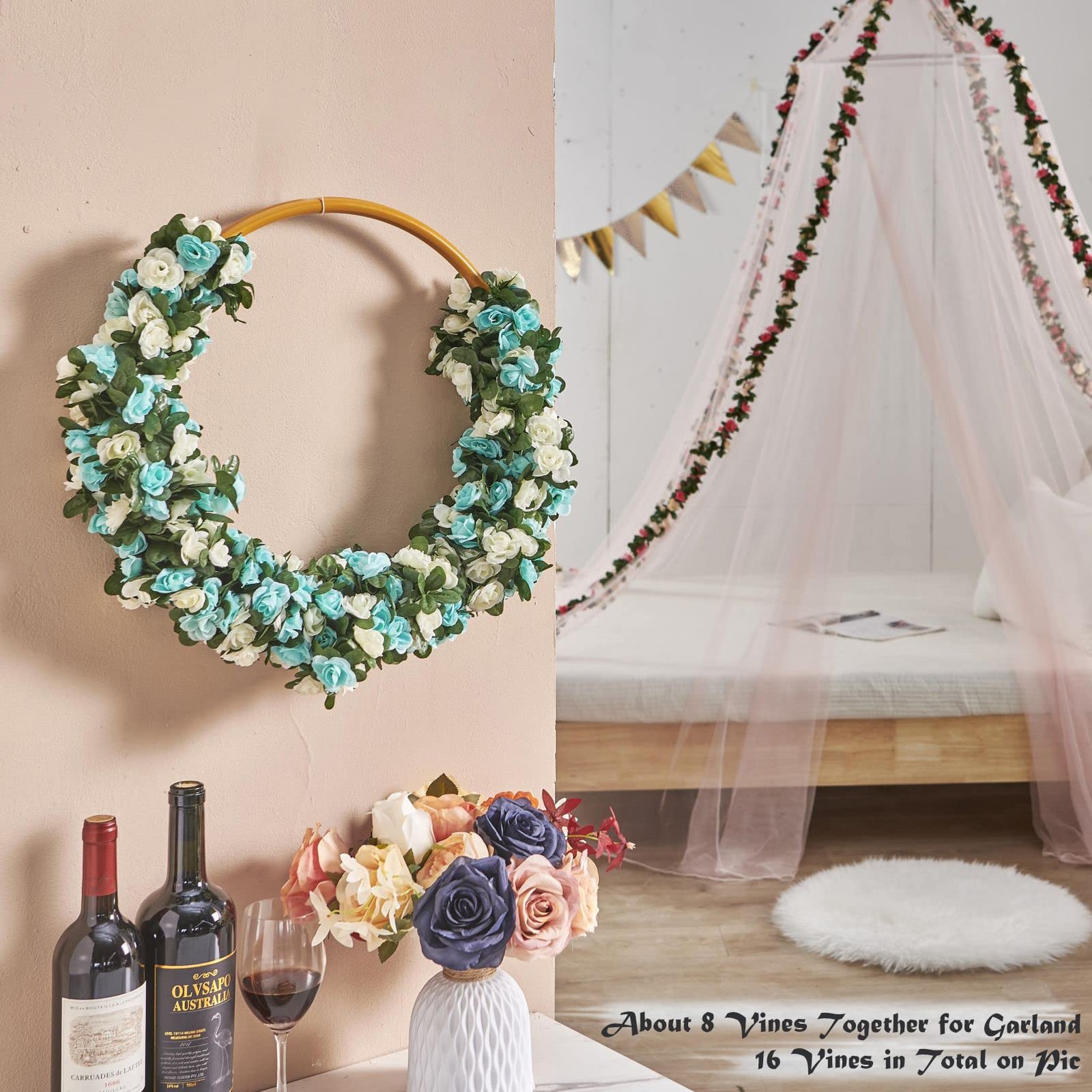 8 Pcs x 8.2 ft Flower Garland Artificial Rose Vine Flowers Green Leaves