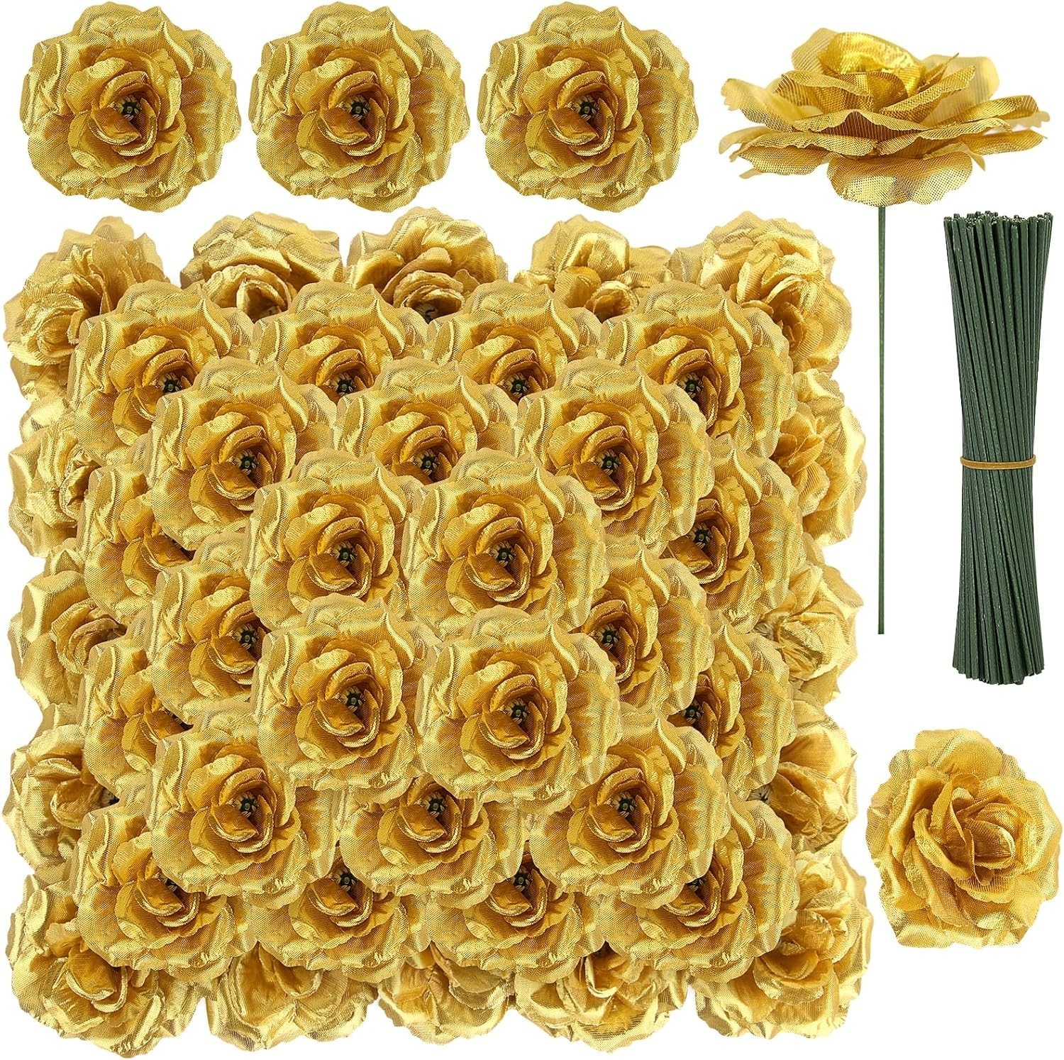 Rose Head Flowers with Stem – 108pcs Gold Rose Artificial Flowers Bulk – 3.1’…