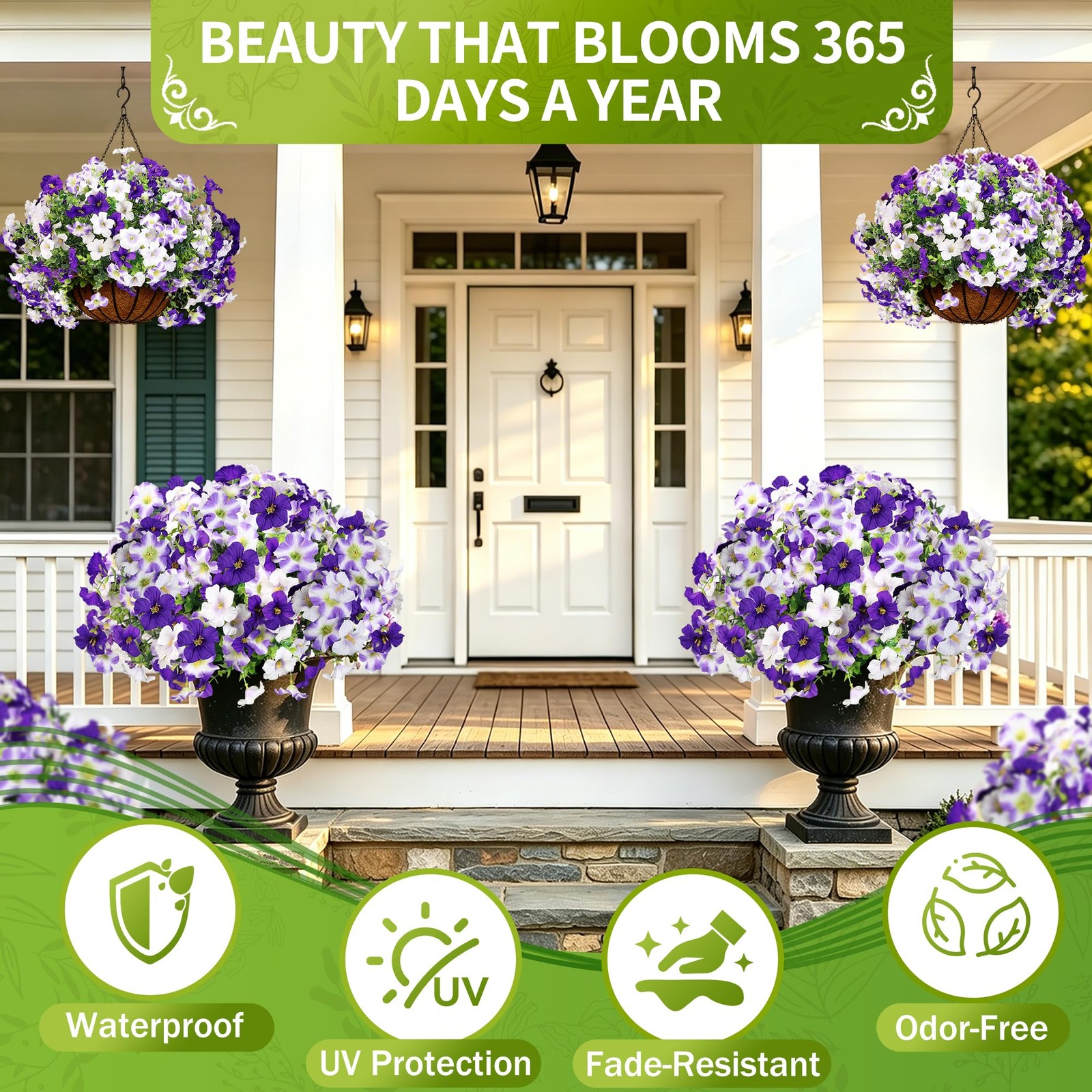 10 Bundles White Purple Flowers Artificial Petunias, 18″ Large Headed Faux Pe…