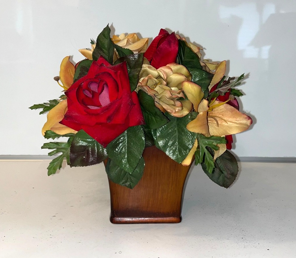 Red & Yellow Faux Flower Roses Centerpiece Beige Mahoga Brown Neutral Home Decor