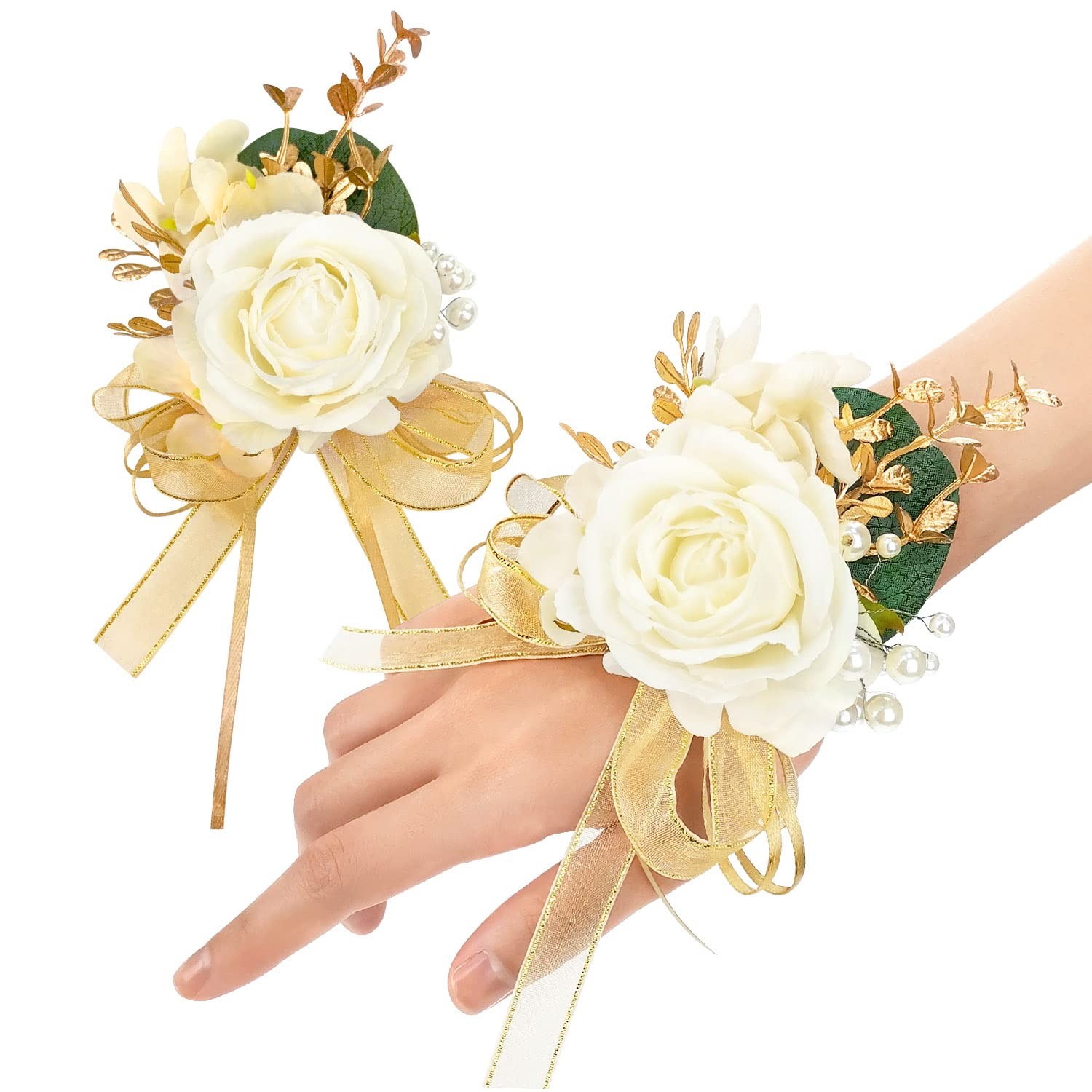 Ivory Rose Wrist Corsage Wristlet Band Bracelet and Boutonniere Set for Men B…