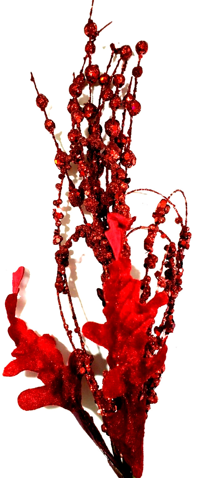 Red Glittered Velvet Leaf & Ball Picks Very Glittery 18″ Tall Set of 7