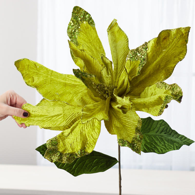 Oversized 44″ Light Green Glittered Velvet Poinsettia Stem