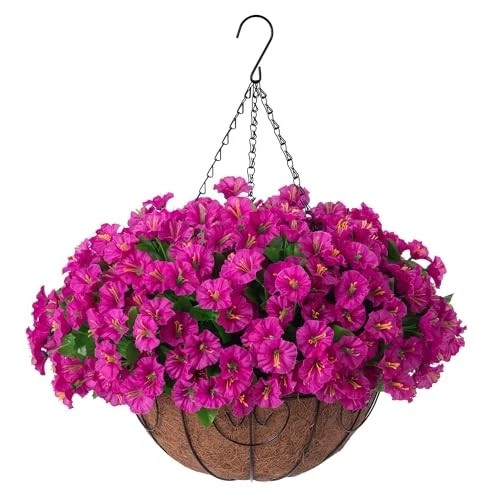 Artificial Hanging Flower Plants with Basket for Outdoor Decoration, Fuchsia