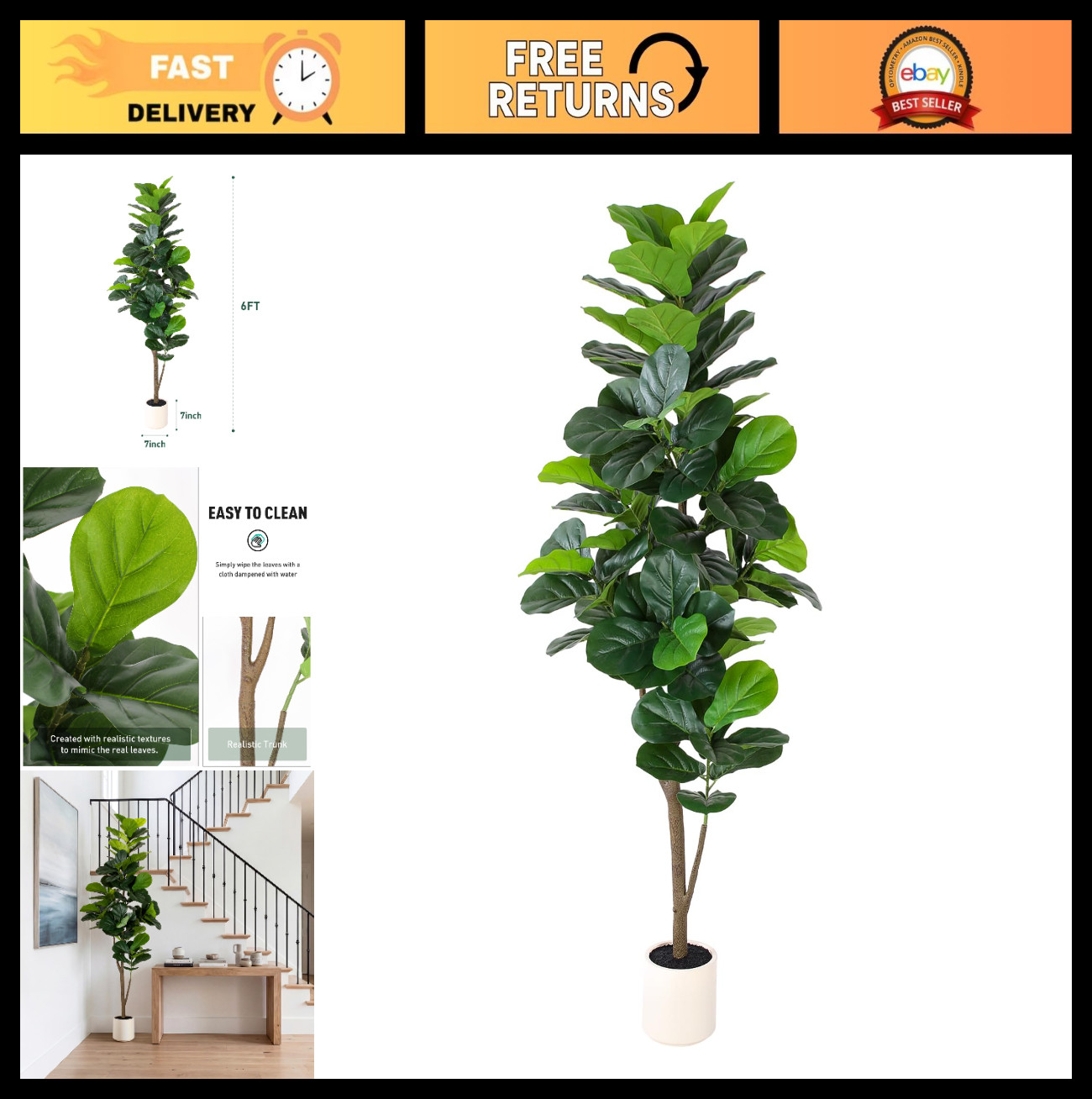 6FT Faux Fiddle Leaf Fig Tree – Realistic Artificial Plant for Home & Office Dec