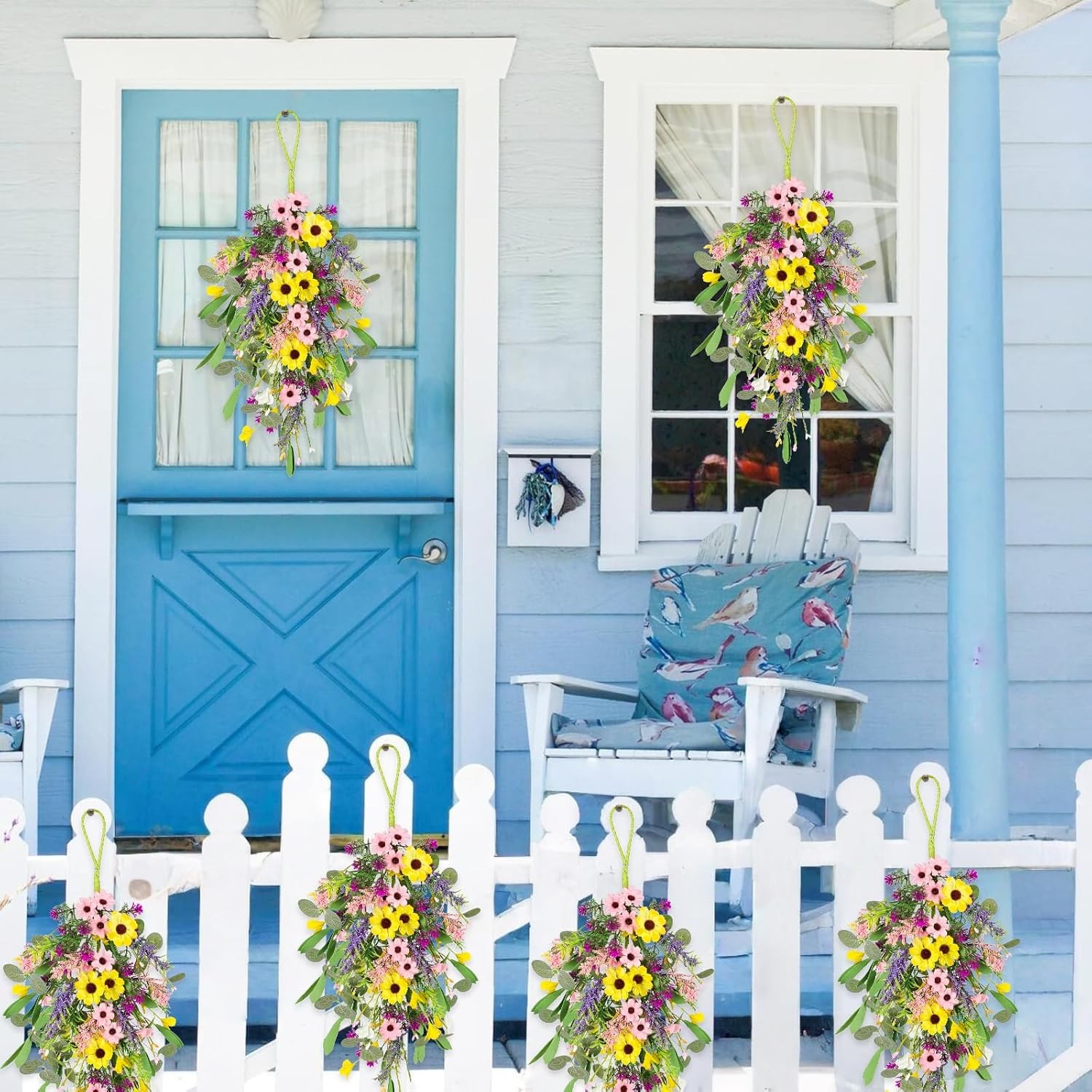 2 Pcs Spring Swags for Front Door, 23.6″ Artificial Floral Teardrop Swags with S