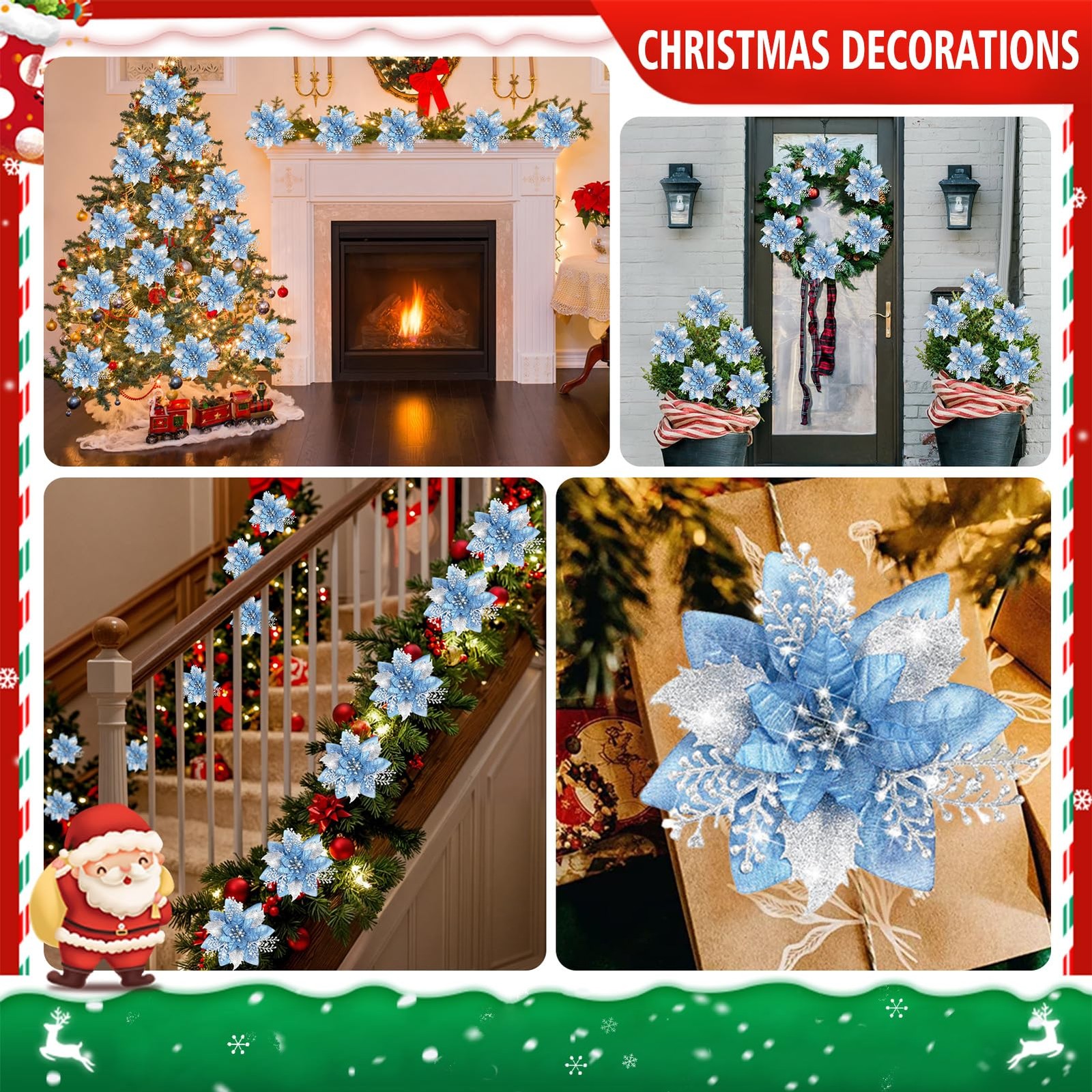 24 PCS 5.9 Inch Blue Glitter Poinsettia Flowers With Clips Xmas Wreath