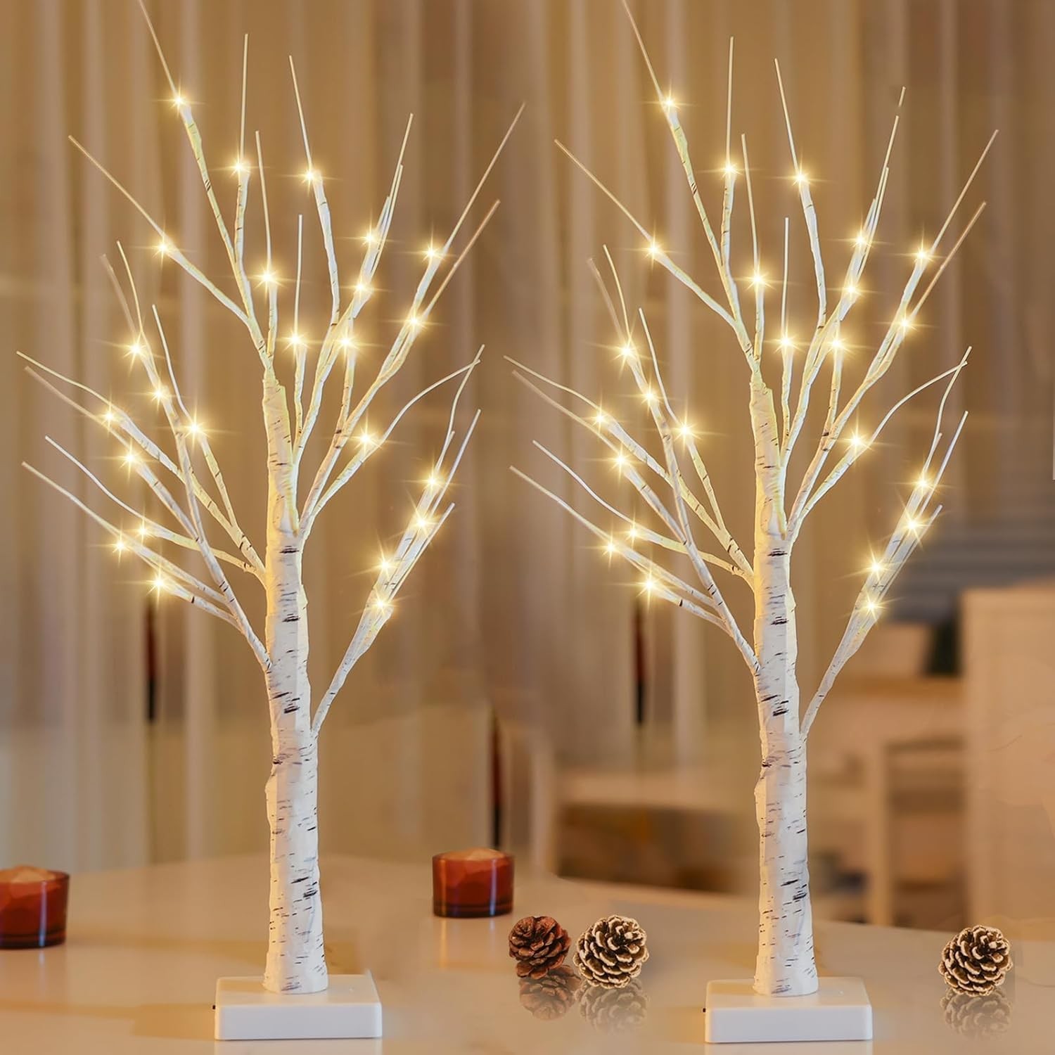 2 PCS 2 FT Lighted Birch Tree Timer Easter Decor 48 LED Tabletop Center