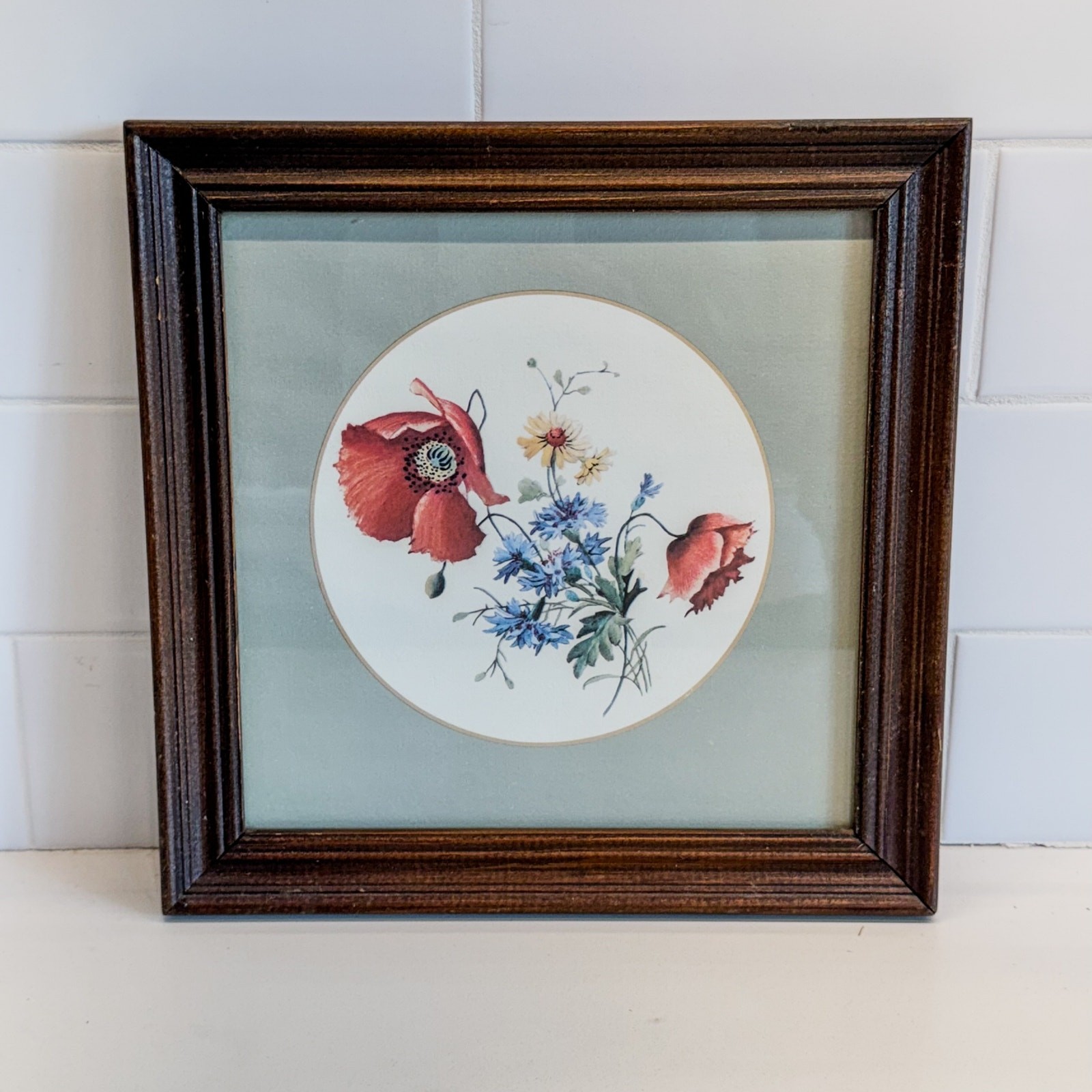 Vintage Wooden Framed Botanical Red Poppy & Wildflower Print w/ Matte, 9.5″