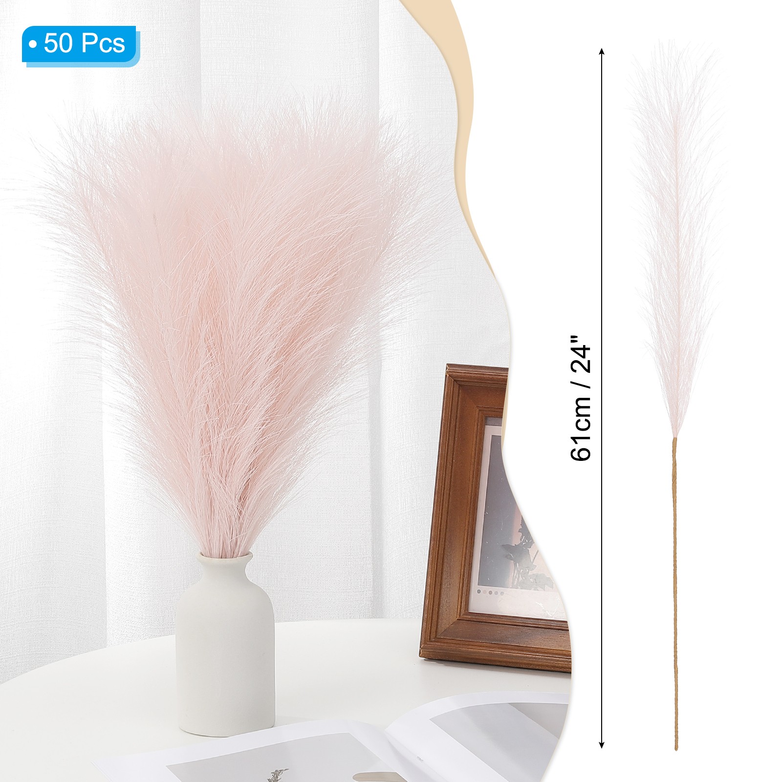 24in Pampas Grass Decor, 50pcs Artificial Pampas Grass Bulk, Pink