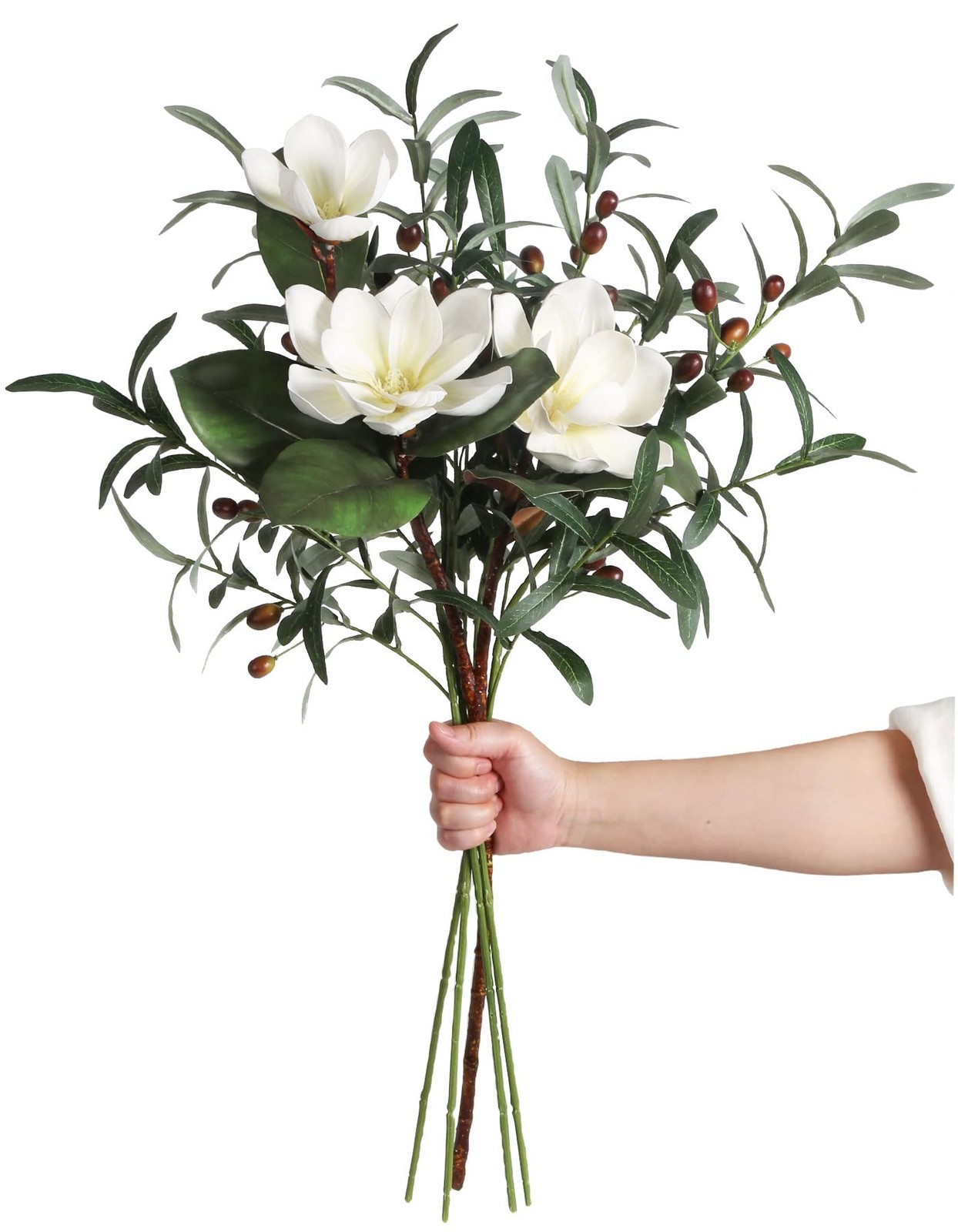 White Silk Magnolia Flowers with Olive Branches for Vases Real Touch White Fl…