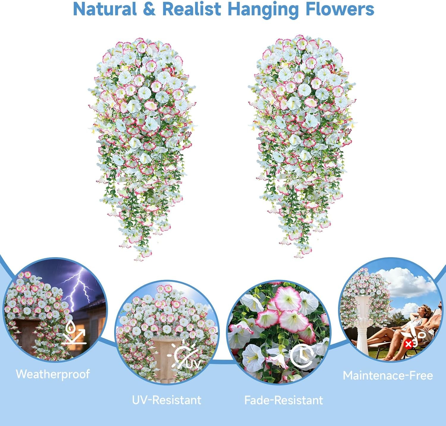 Artificial Hanging Flowers for Outdoors, 2 PCS 300 Blooms UV Resistant Morning