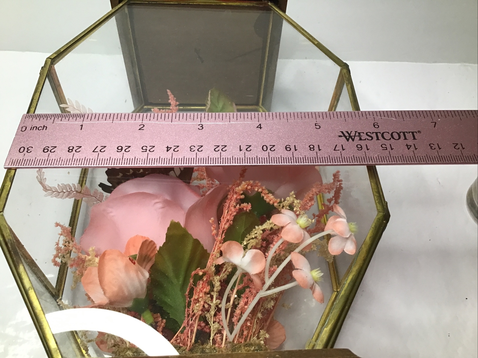 Display Case w Tea Lite Holder Pink Silk Flowers Wood and Brass Vintage