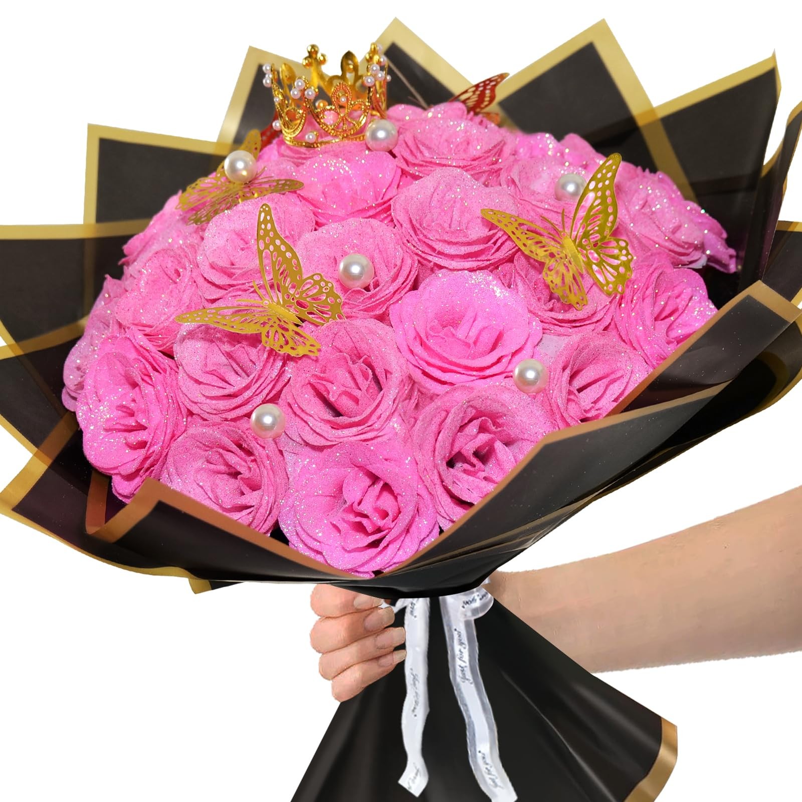 Pink Glitter Roses Bouquet, 24 Pcs Shiny Glitter Flowers Bouquet, Everlasting…