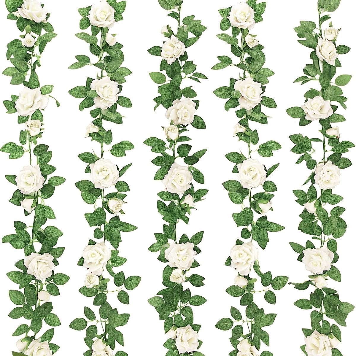 5Pcs 32.5FT Flower Garland Artificial Rose Vine White Fake Silk Floral Hanging