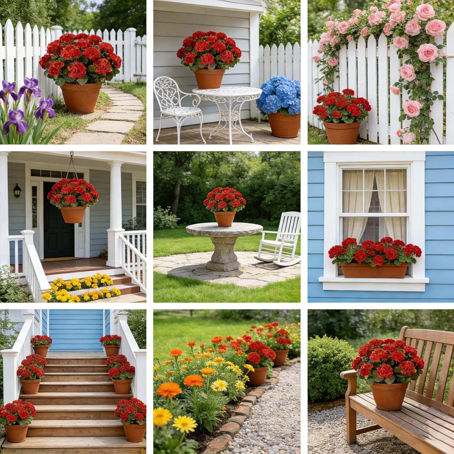 Artificial Flowers for Outdoors, 6 Bundles Realistic Silk Fake Red Geraniums, No