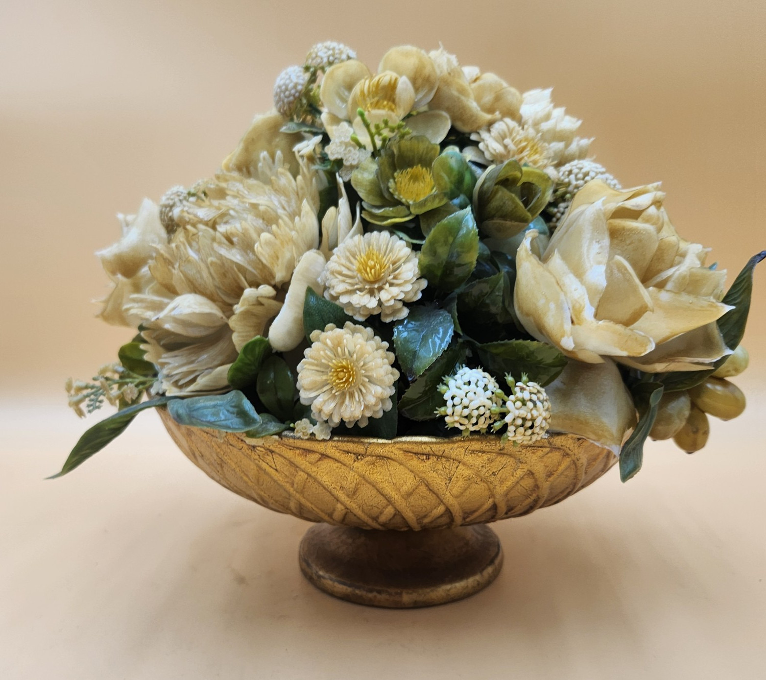 Vintage gold bowl artificial flower fruit arrangement white green Mid Century