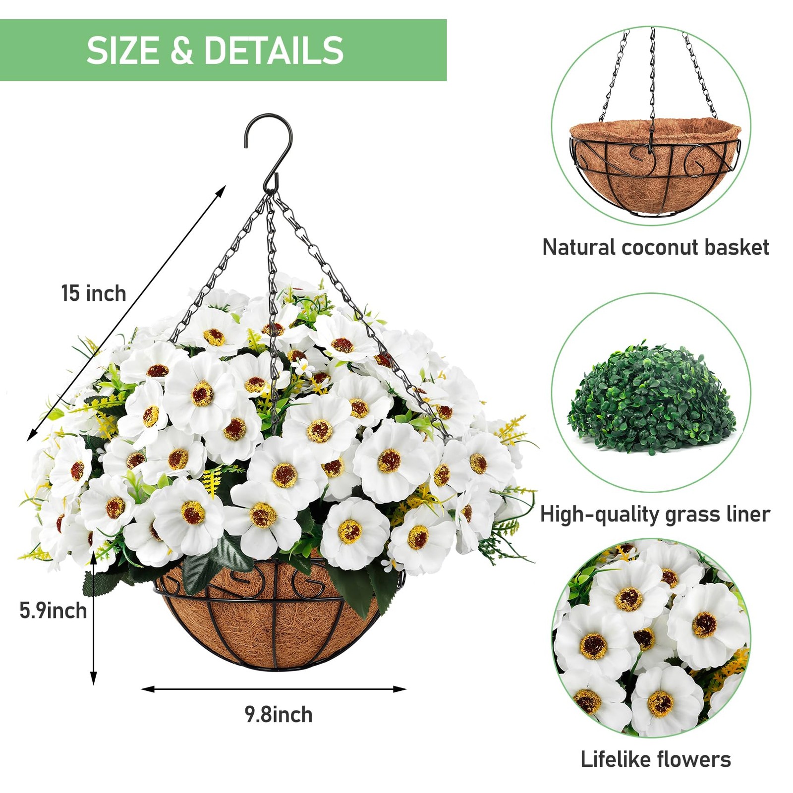 Artificial Hanging Flowers with Basket, Fake Silk Hanging Flowers in Coconut …