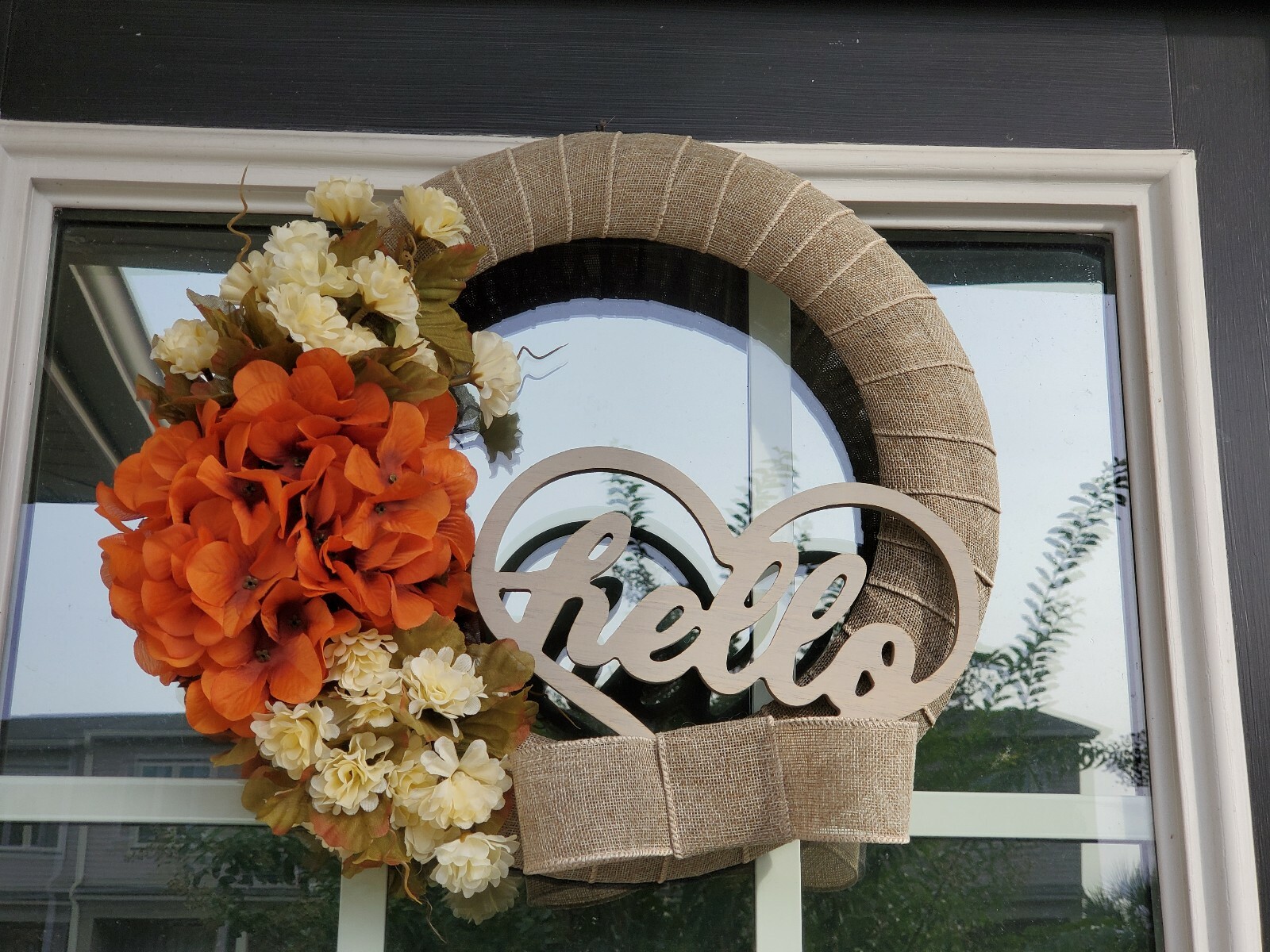 FLOWER Hydrangeas burlap WREATH Heart HELLO FALL autumn Decor Front Door 15″