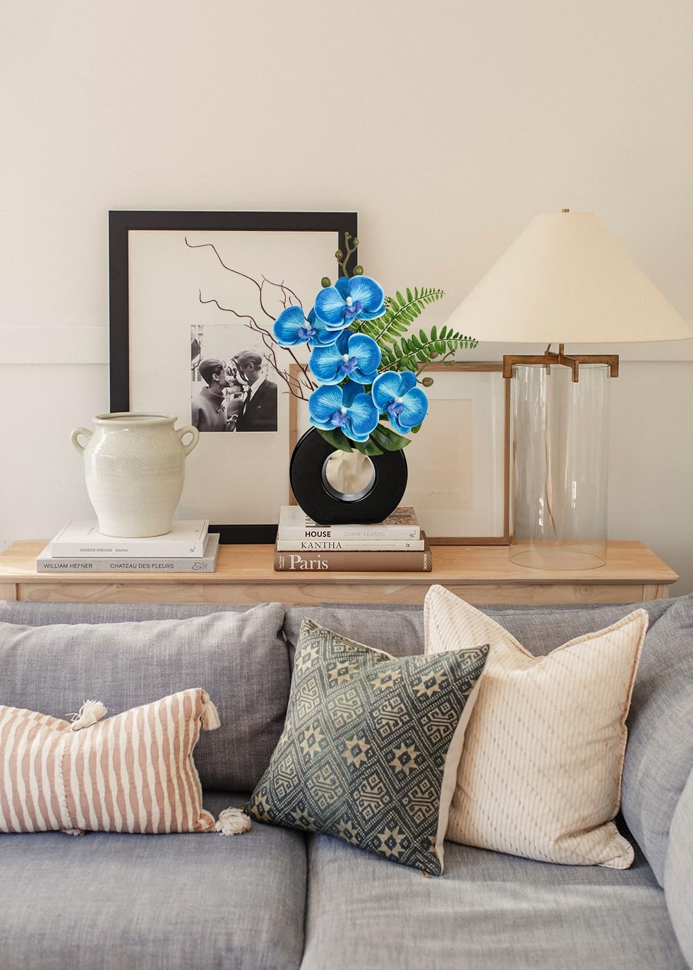 Blue Orchid Fake Flowers with Black Vase, 16.1” Artificial Orchid Silk Flowe…