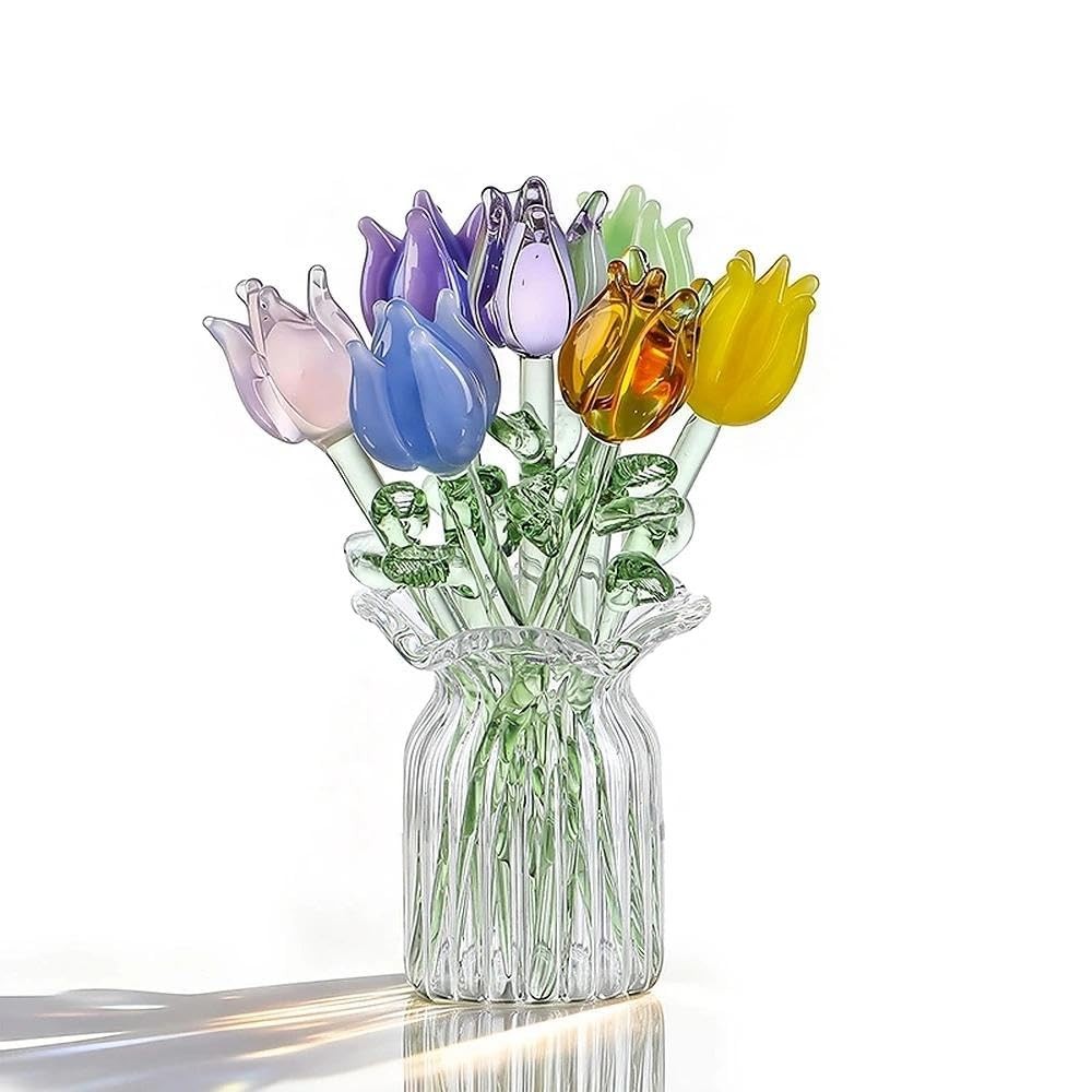7 Pcs Mini Hand Blown Glass Tulip Artificial Flowers Vase for