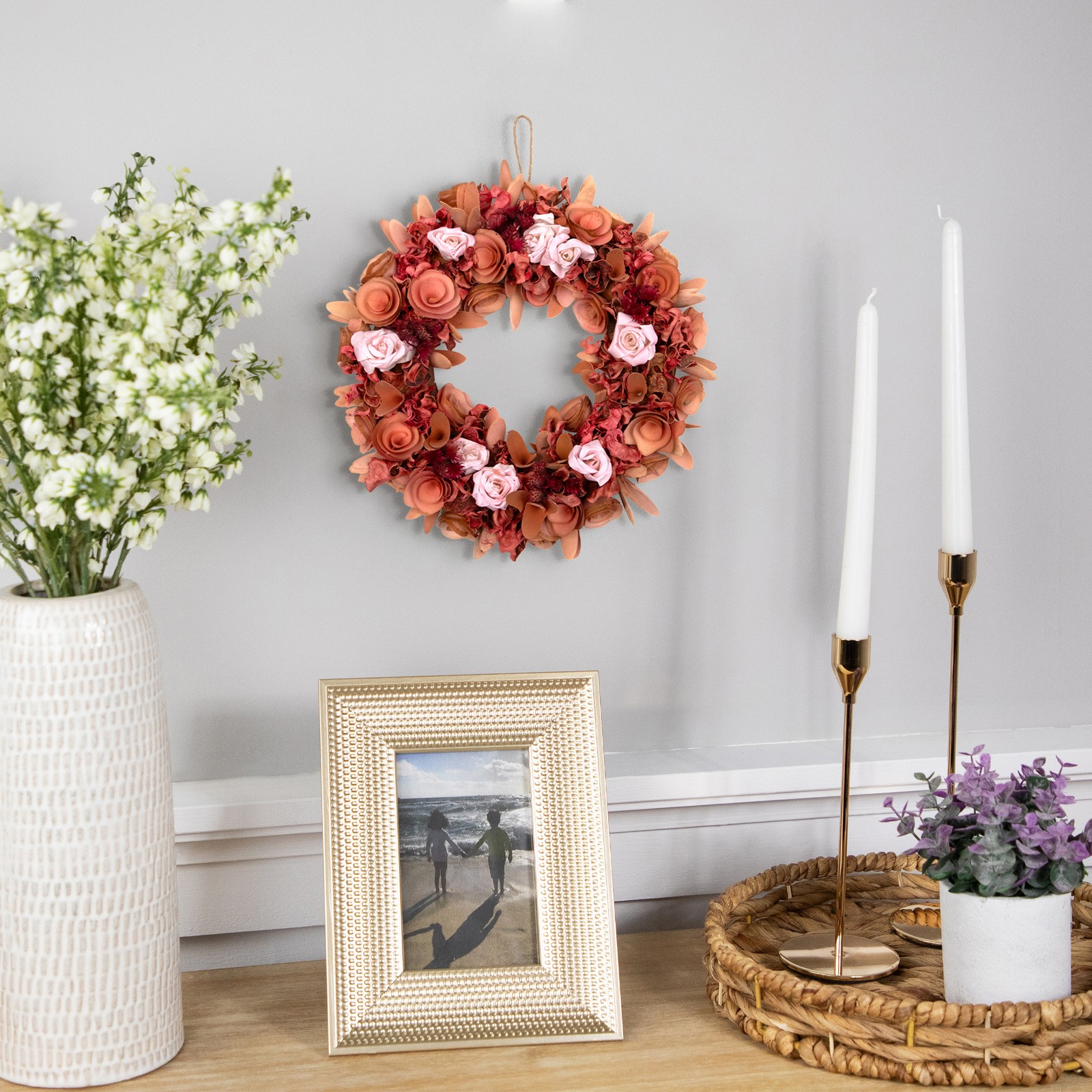 Northlight 13″ Pink and Red Flower and Leaf Wood Artificial Spring Floral Wreath