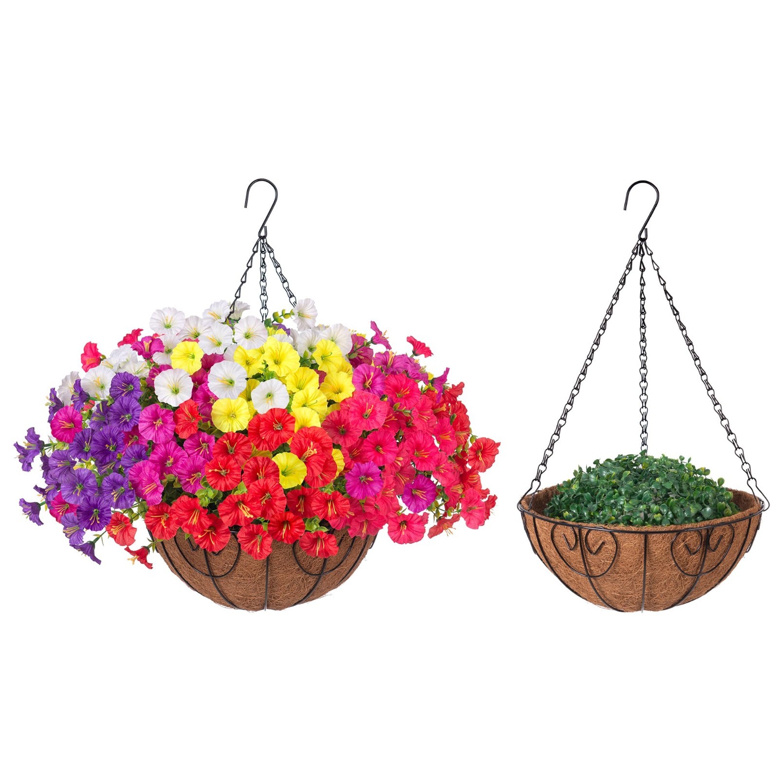 Faux Hanging Flowers Basket – UV Resistant Silk Morning Glory & Eucalyptus for I