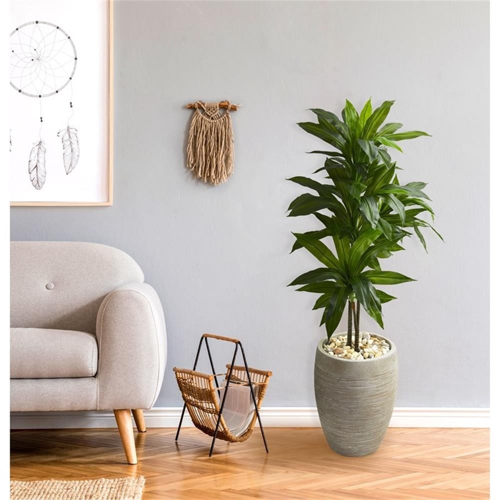 Pemberly Row 48″ Dracaena Artificial Plant in Sand Colored Planter Real Touch