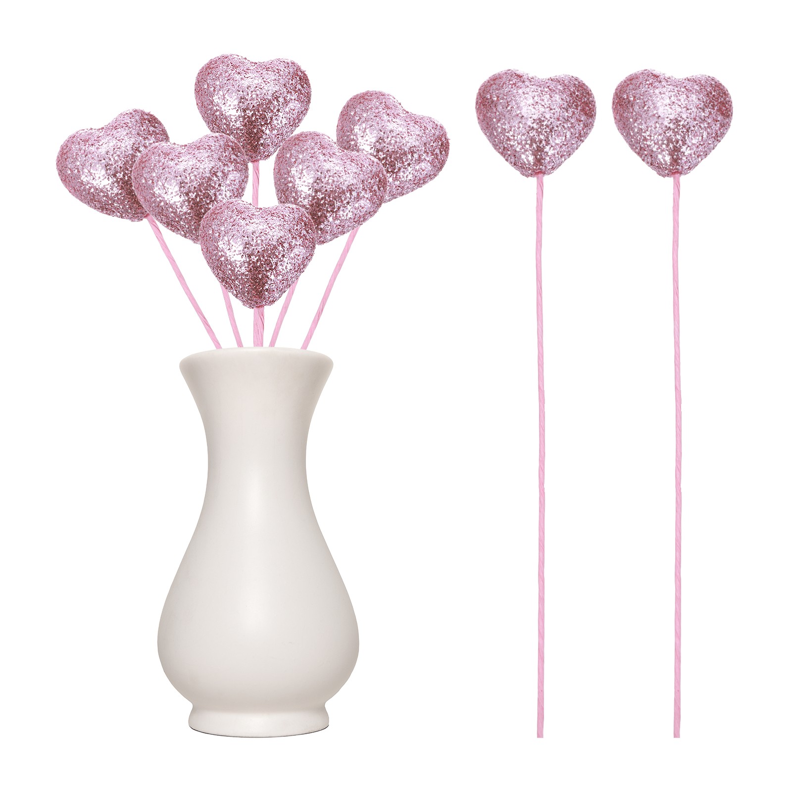 6 Pcs Glitter Heart Shaped Picks Puffy Foam Hearts Stick (Pink, 4cm x 22cm)