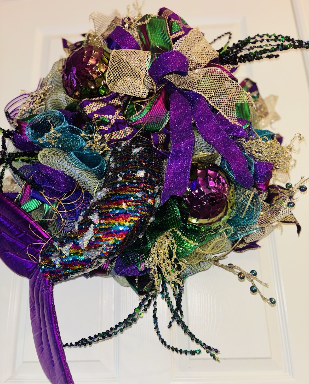 Mardi Gras Wreath Extra Large With Mermaid Tail and Fleur De Lis Handmade Deco