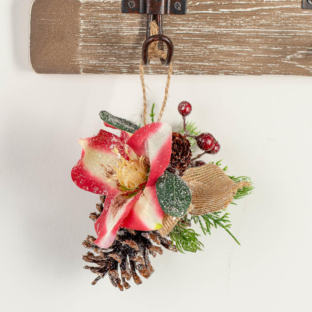 Set of 4 Sparkling Pine Cone 5″ Ornaments with Flower Accent & Burlap Bow